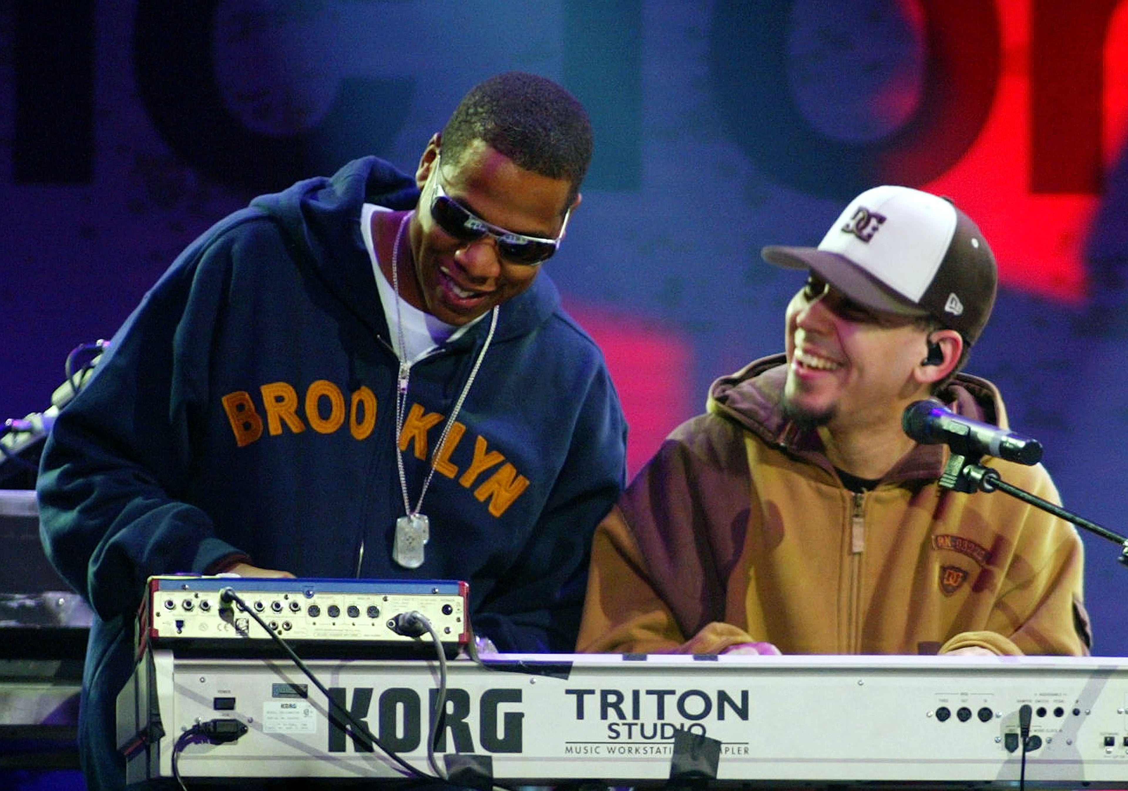 LOS ANGELES - FEBRUARY 18: Jay-Z and Mike Shinoda of Linkin Park perform during the "Music for Relief" tsunami benefit concert at the Anaheim Pond on February 18, 2005 in Anaheim, California.(Photo by Matthew Simmons/Getty Images)