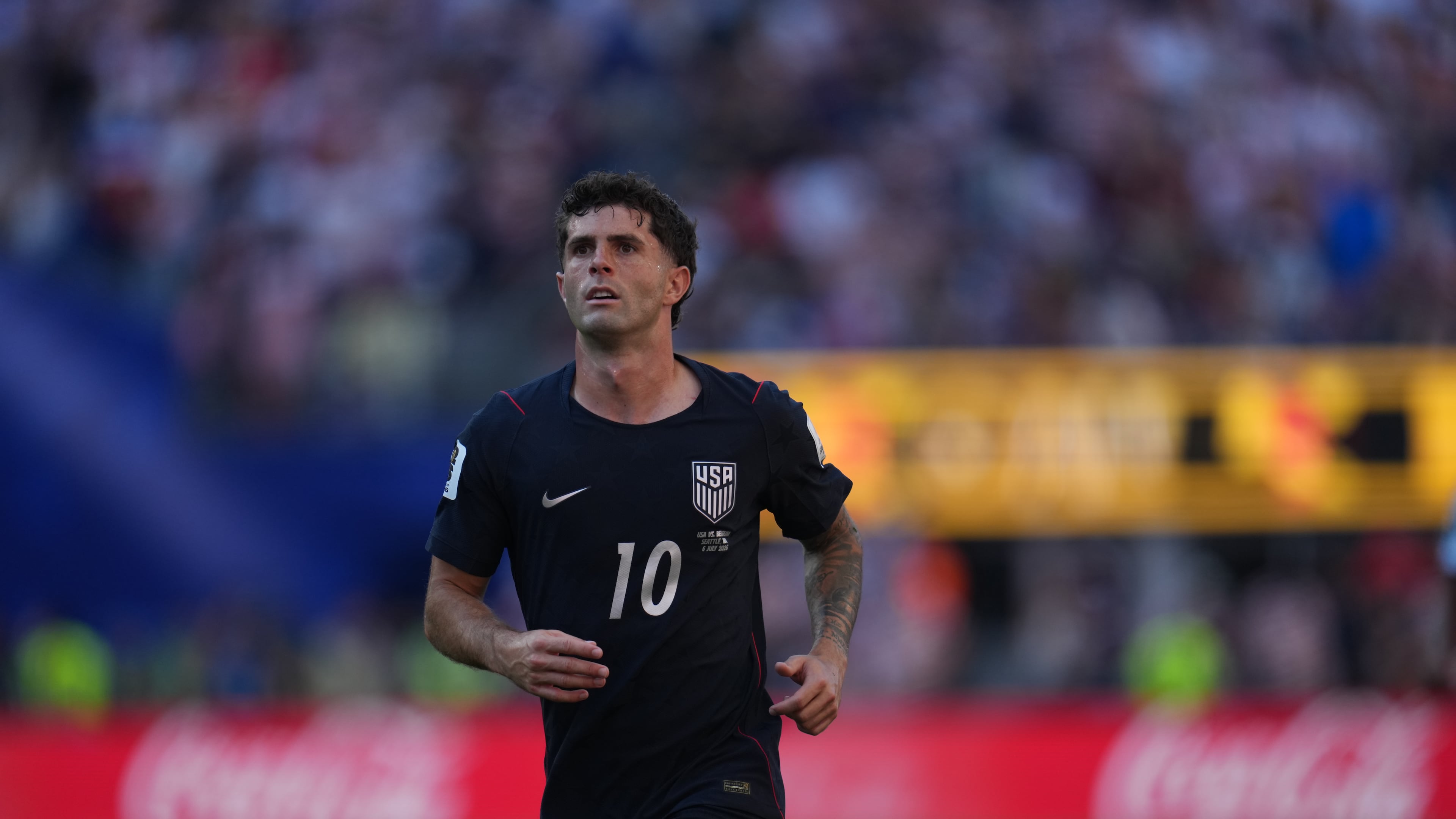 FILE - United States' Christian Pulisic plays during the World Cup round of 16 soccer match between the United States and Belgium in Seattle, July 6, 2026. (AP Photo/Abbie Parr, File)