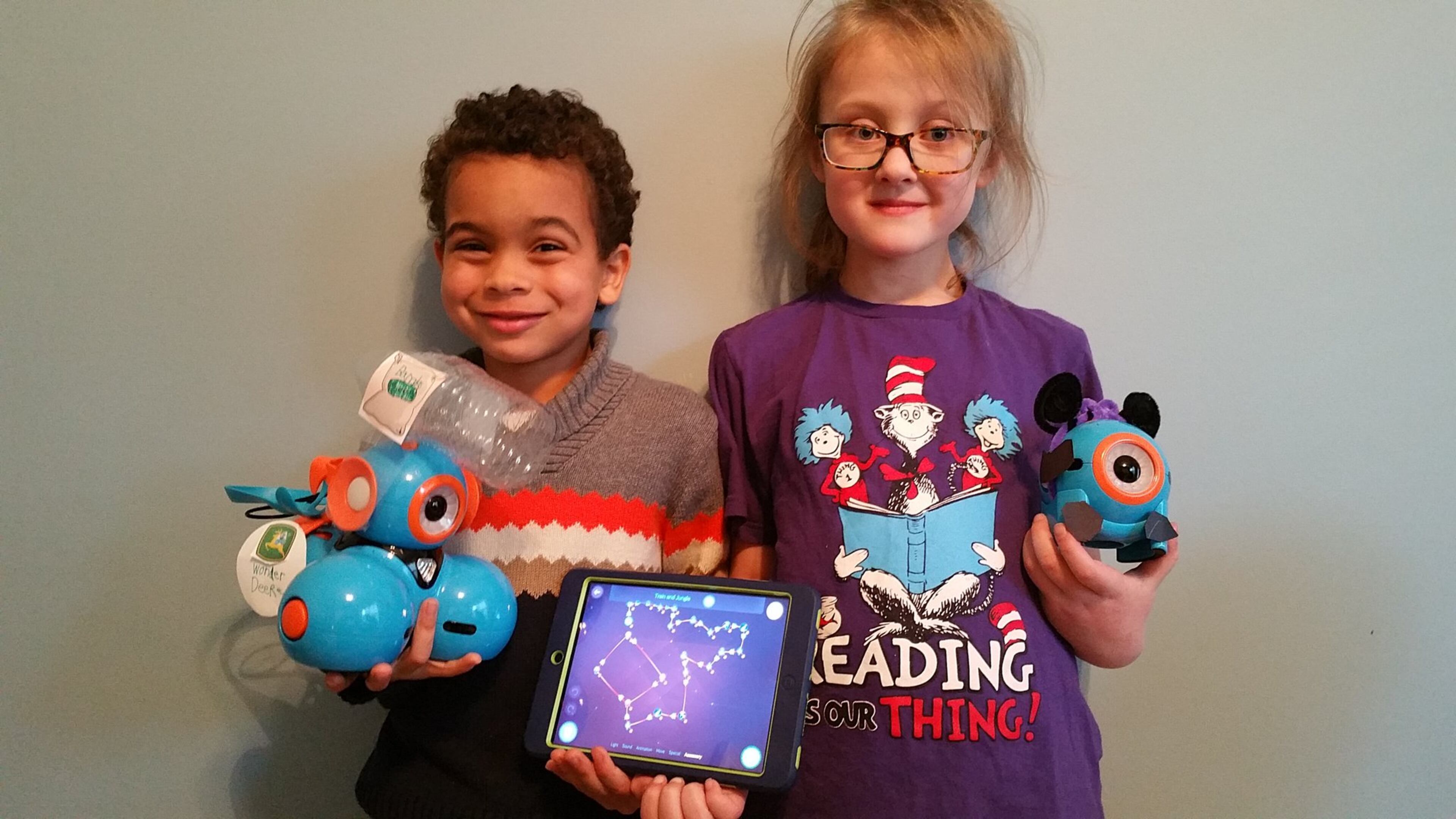 First-graders Drew Williams and Camille Mascarenas, pictured here with their Dash robot, placed second in their age group recently in the Wonder League Robotics Competition. Their team, Robot Ninja Helpers, was one of 5,000 to vie in the international competition. CONTRIBUTED