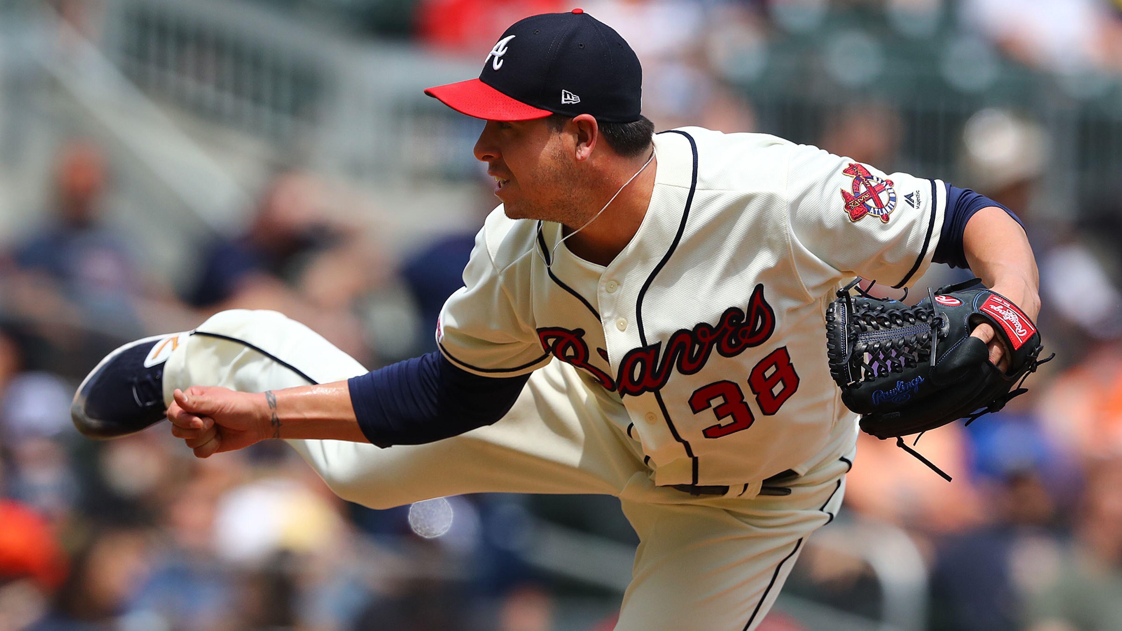 Braves pitcher Anthony Swarzak delivers a pitch against the Detroit Tigers during the sixth inning Sunday, June 2, 2019, at SunTrust Park in Atlanta.