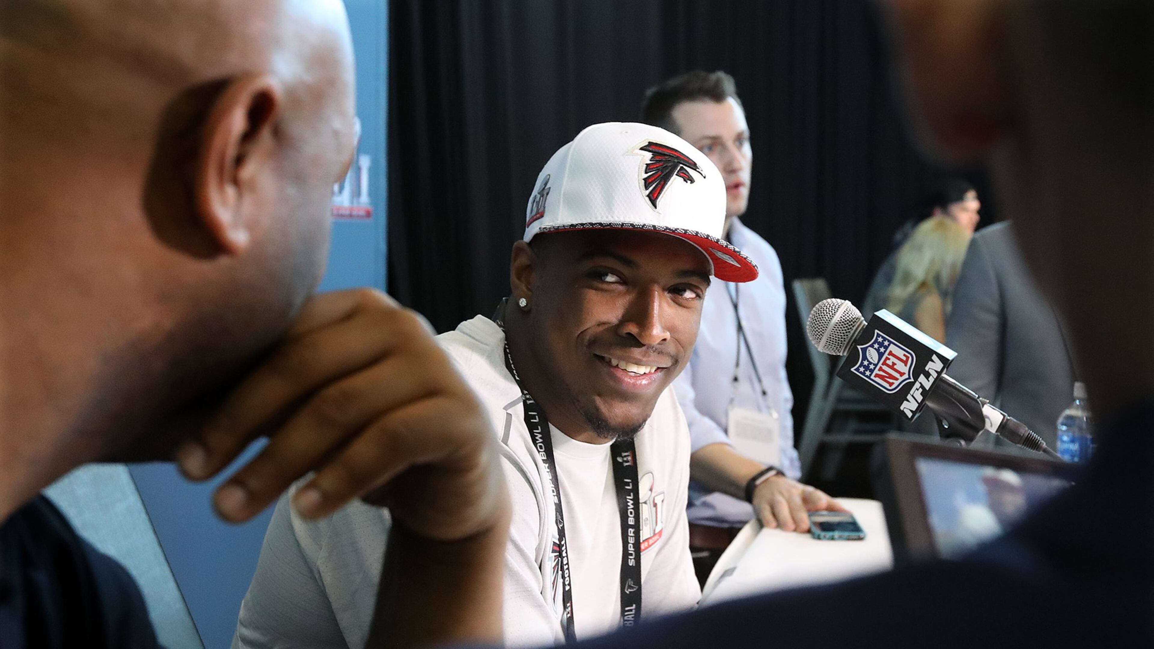 Falcons strong safety Keanu Neal takes questions during his Super Bowl press conference on Tuesday, Jan. 31, 2017, at Memorial City Mall ice arena in Houston. (Curtis Compton/ccompton@ajc.com)
