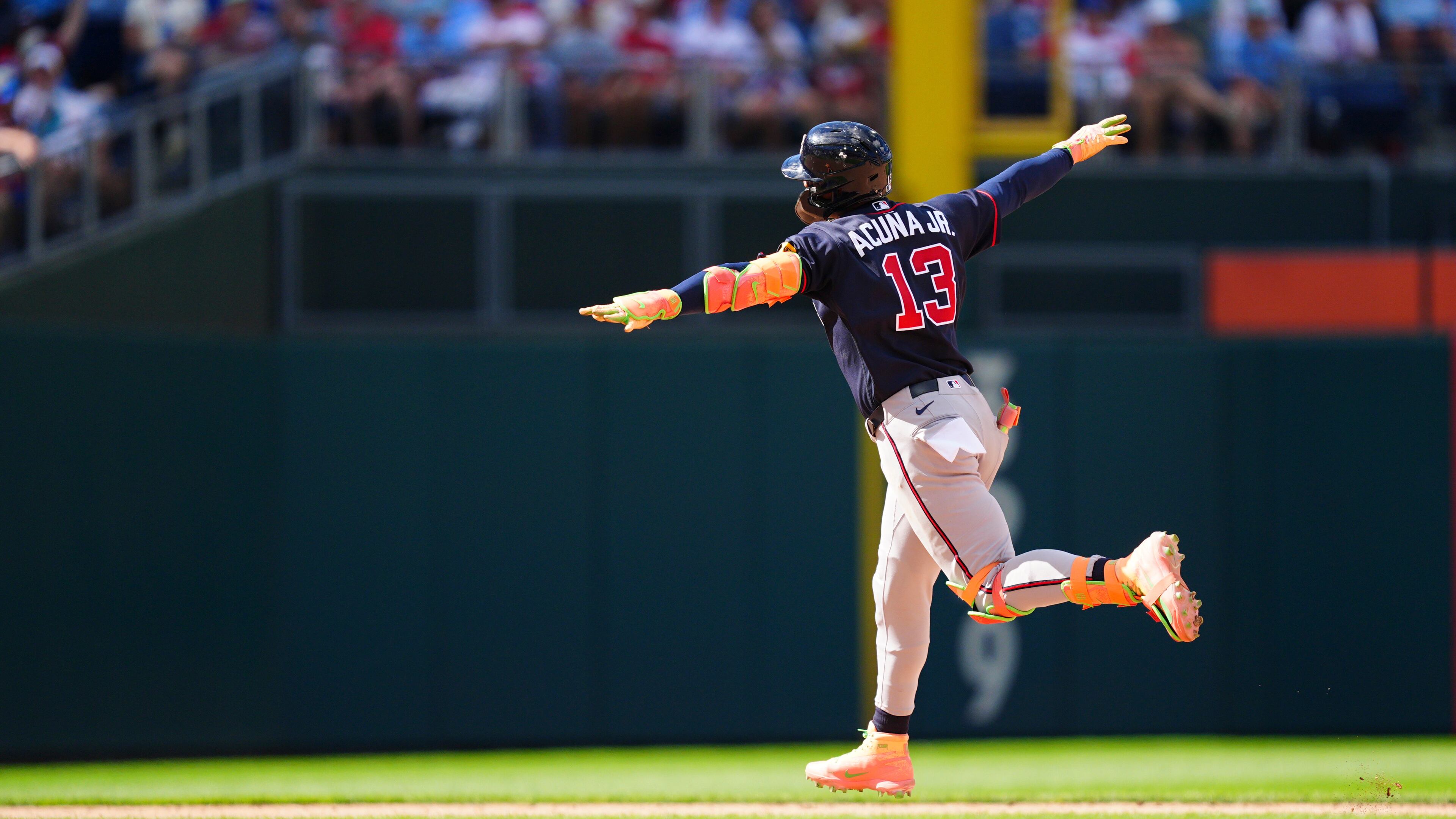 Atlanta Braves' Ronald Acuña Jr. reacts after hitting a three-run home run off Philadelphia Phillies pitcher Alex McFarlane during the eighth inning of a baseball game, Sunday, Sept. 6, 2026, in Philadelphia. (AP Photo/Derik Hamilton)
