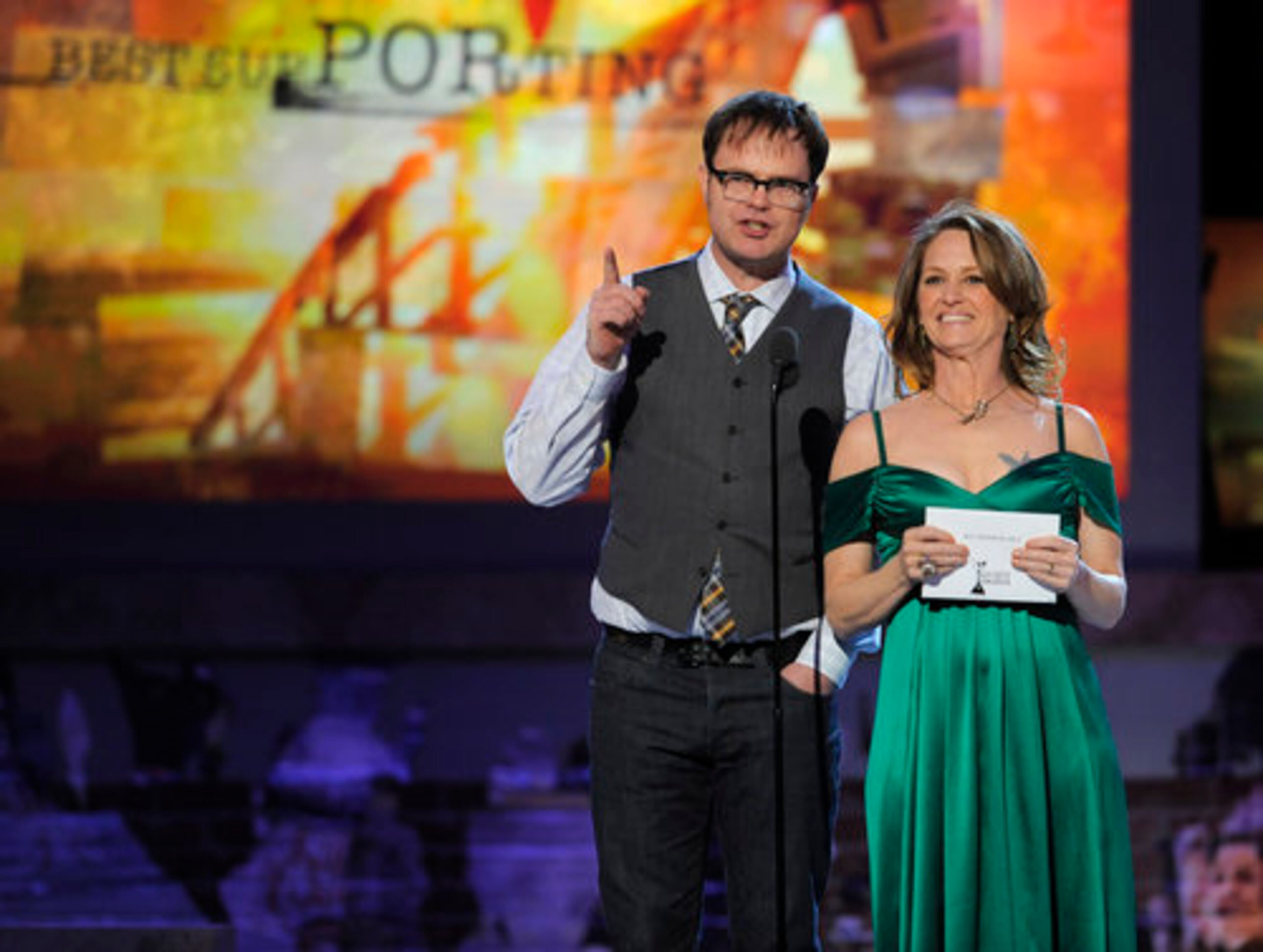 Rainn Wilson, left, and Melissa Leo are seen on stage.