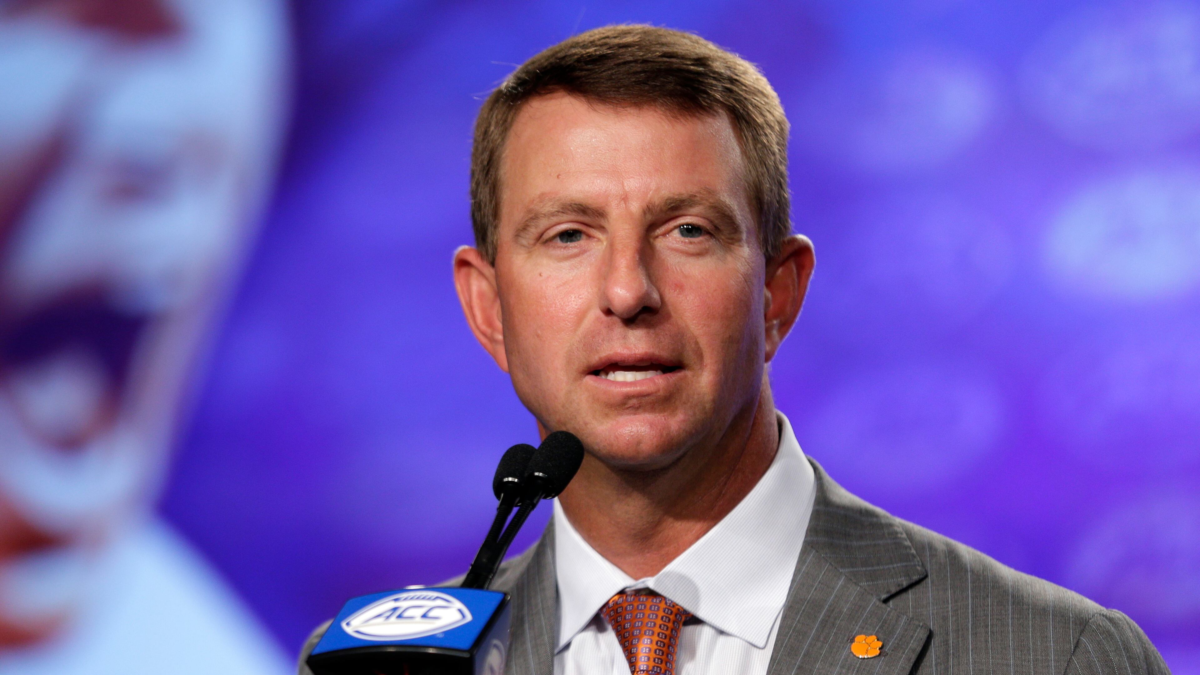 Clemson coach Dabo Swinney fills in the media on the Tigers situation during last week’s ACC Football Kickoff. (AP Photo/Chuck Burton)