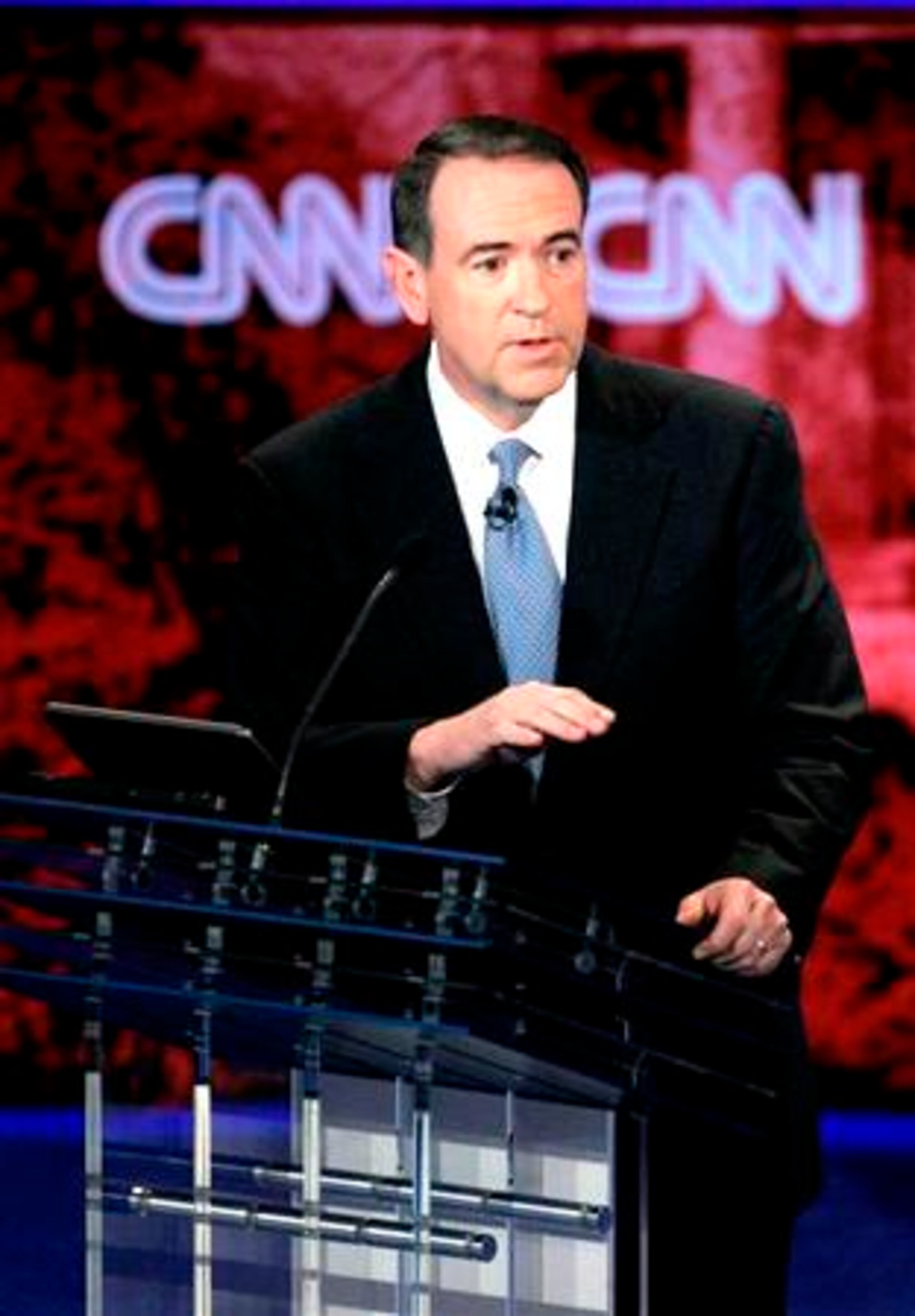 Republican presidential hopefull former Arkansas Gov. Mike Huckabee makes a point during the CNN YouTube Republican party presidential debate Wednesday, Nov. 28, 2007 at the Mahaffey Theater in St. Petersburg, Fla.