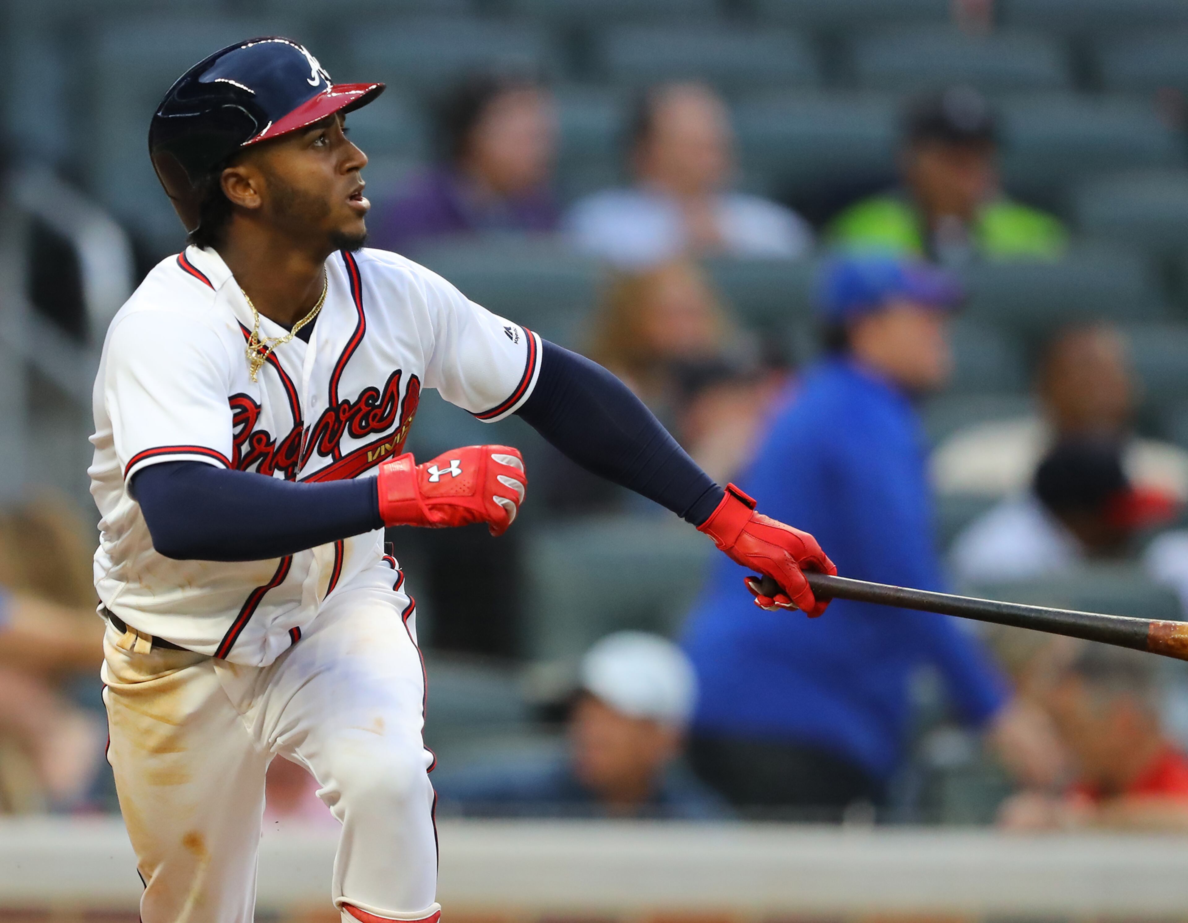 March 29, 2018 Atlanta: Braves second baseman Ozzie Albies hits a solo homerun against the Phillies during the eight inning in a MLB baseball home opening game on Thursday, March 29, 2018, in Atlanta. Curtis Compton/ccompton@ajc.com