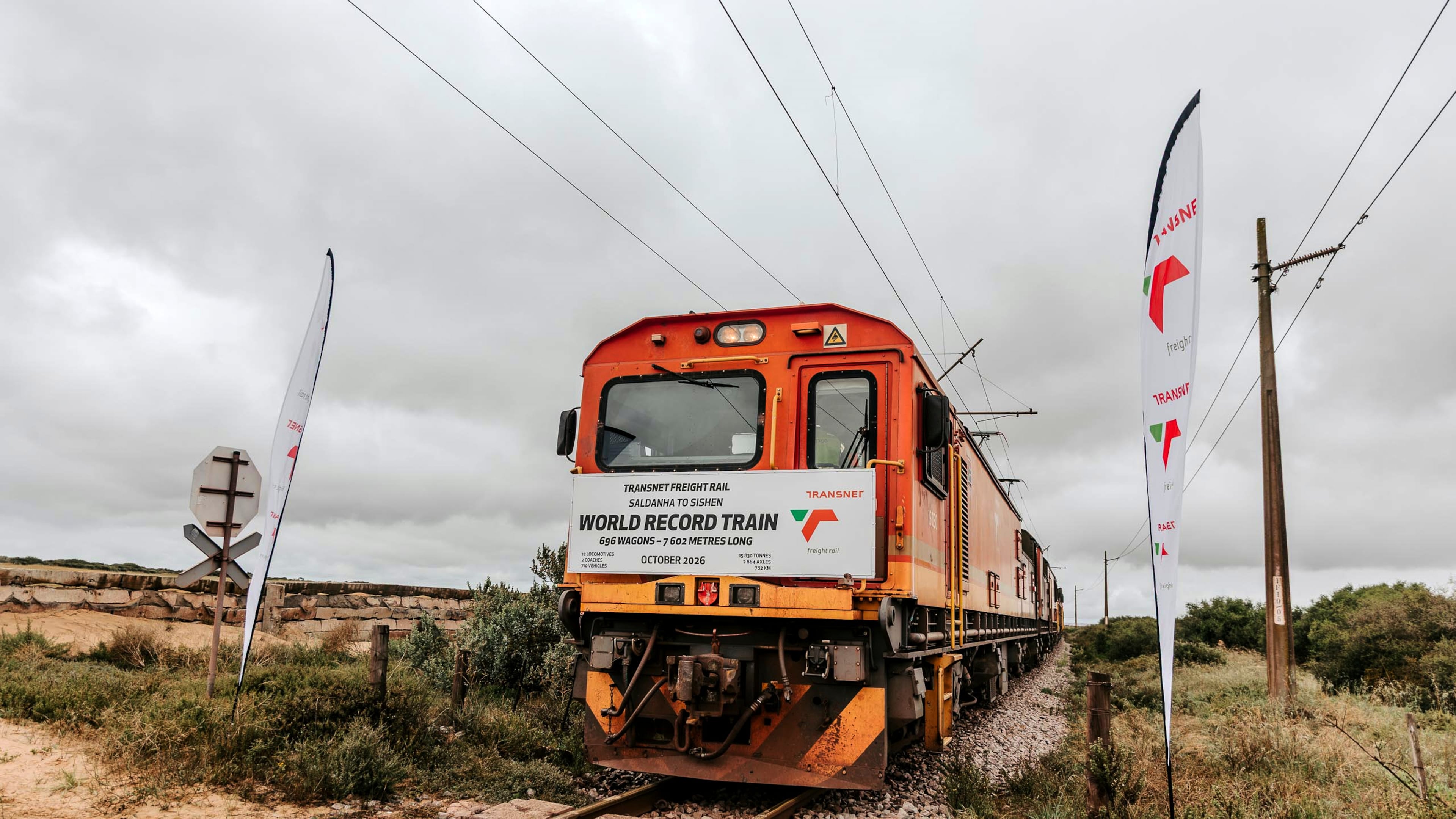 In this photo provided by the Transnet Freight Rail, a freight train that claims to be the longest in the world is seen in Saldanha Bay, South Africa, on Oct. 17, 2026. (Transnet Freight Rail via AP)