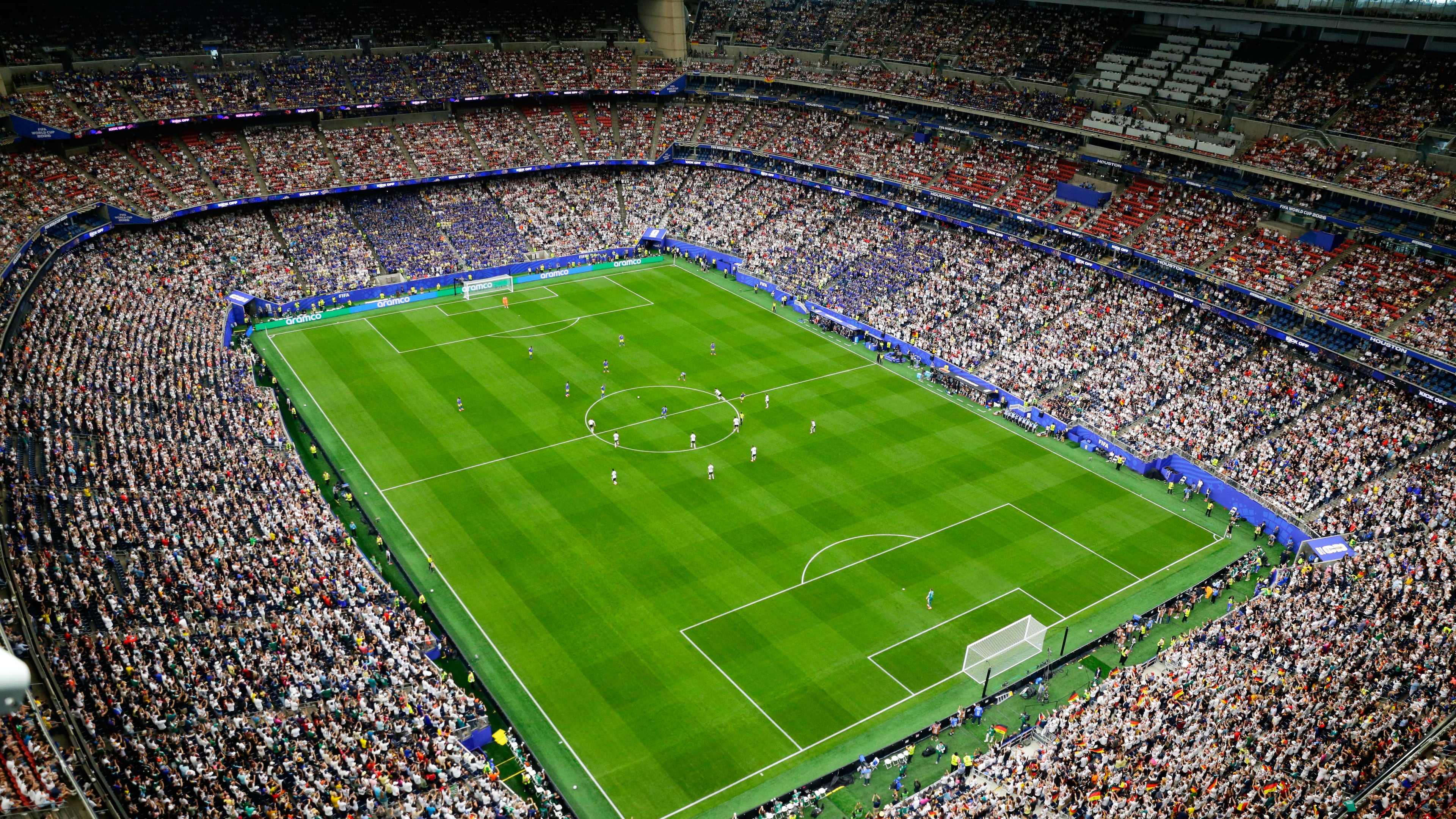 The pitch is seen in this general view during the World Cup Group E soccer match between Germany and Curacao in Houston, Sunday, June 14, 2026. (AP Photo/Michael Wyke)