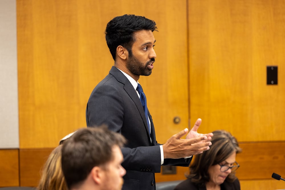 Defense attorney Rahul Garabadu speaks at the Fulton County Courthouse in December. (Arvin Temkar/AJC)
