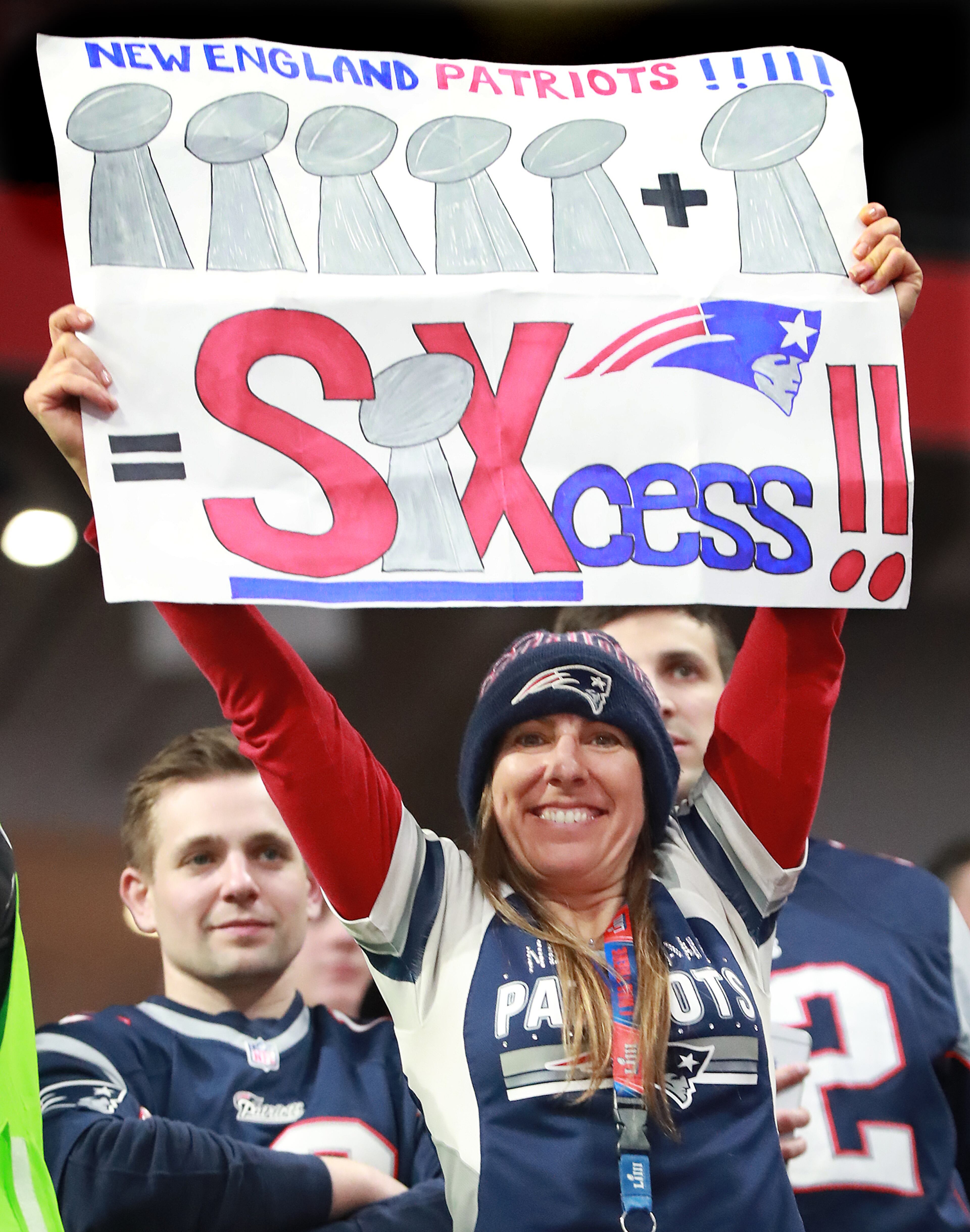 Feb. 3, 2019 Atlanta: A Patriots fan celebrates Sixcess with a 13-3 victory over the Rams in Super Bowl LIII at Mercedes-Benz Stadium on Sunday, Feb. 3, 2019, in Atlanta. Curtis Compton/ccompton@ajc.com