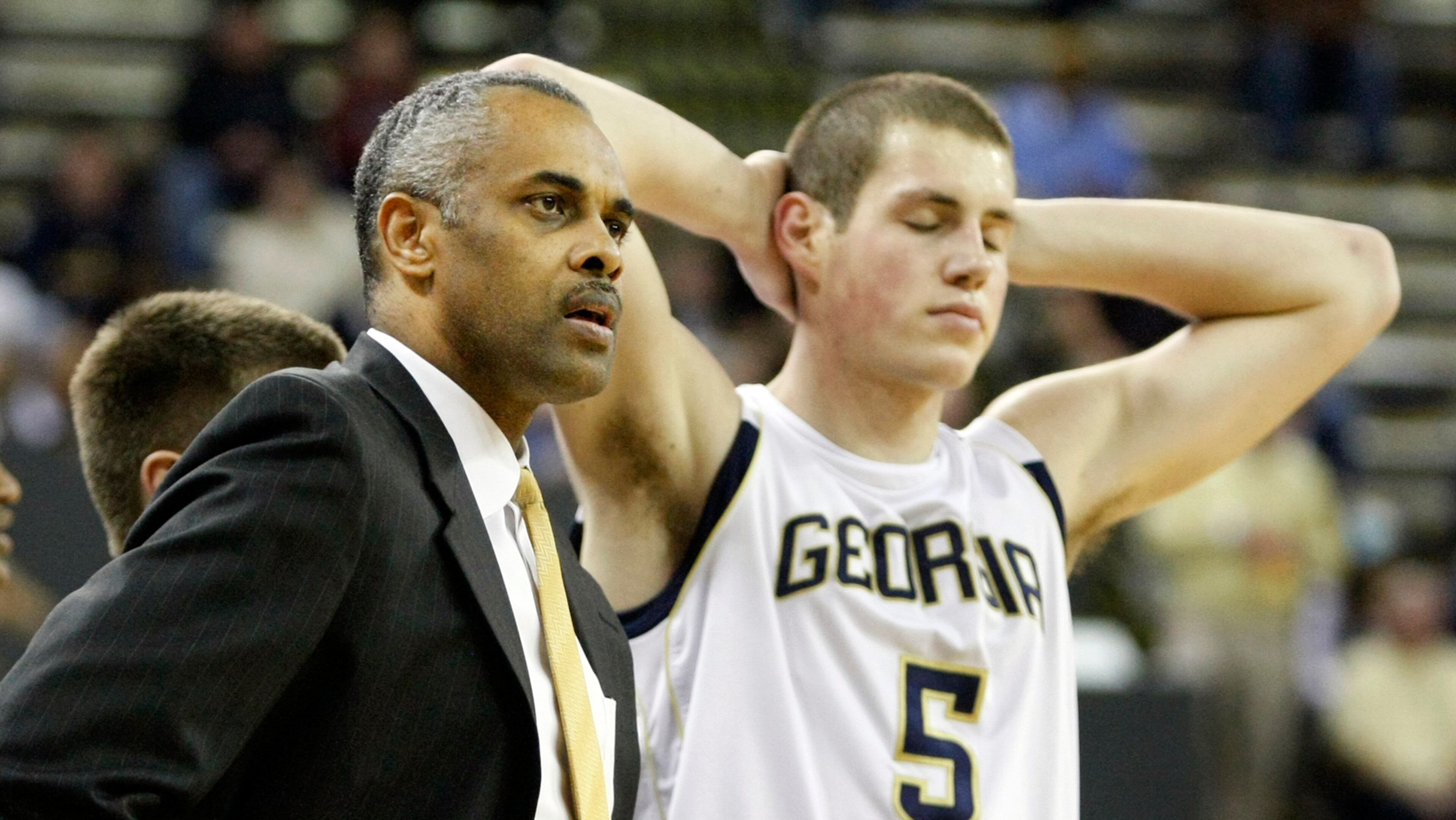 110130 Atlanta - Georgia Tech head coach Paul Hewitt and center Daniel Miller react during a 74-63 loss to the Maryland Terrapins at Alexander Memorial Coliseum in Atlanta, Sunday, Jan. 30, 2011. Curtis Compton ccompton@ajc.com