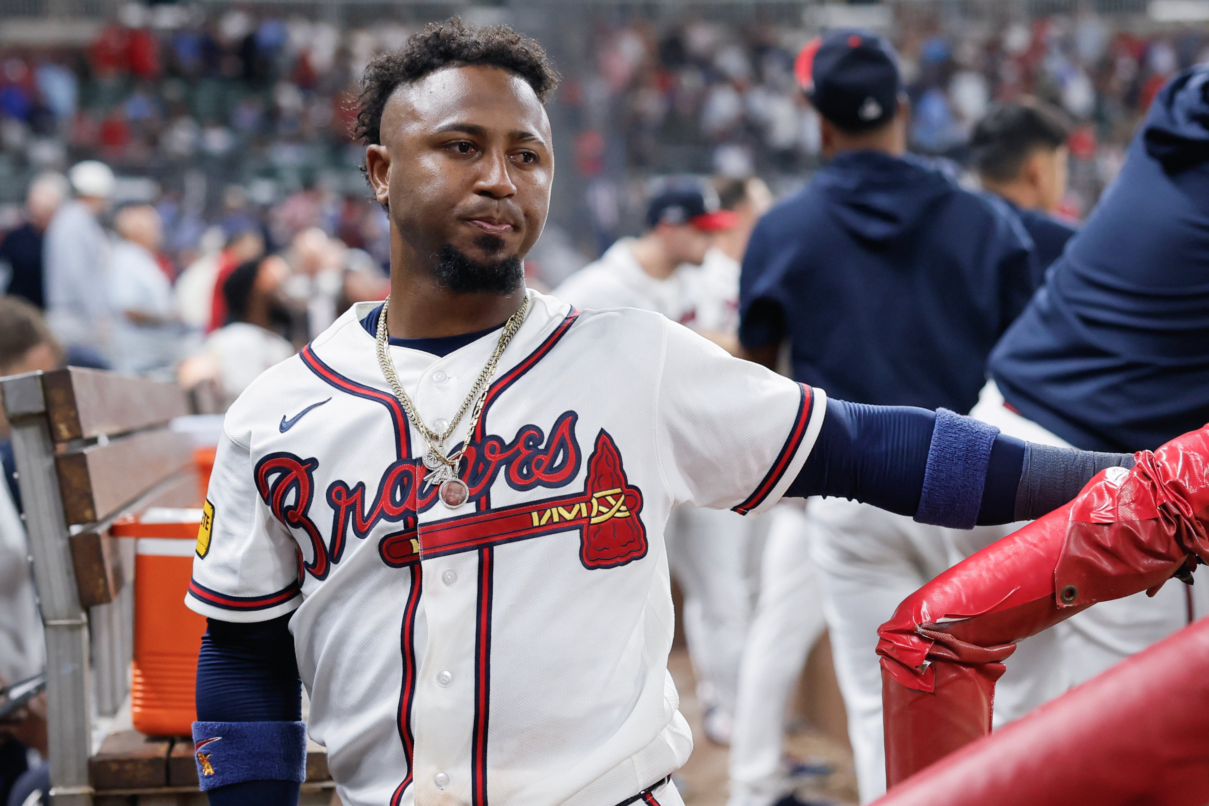 Atlanta Braves second baseman Ozzie Albies (1) reacts in the dugout after losing to the Los Angeles Dodgers in Game 4 of the MLB National League Division Series between the Atlanta Braves and the Los Angeles Dodgers, Wednesday, Oct. 7, 2026, in Atlanta. The Dodgers defeated the Braves 3 games to 1. (Miguel Martinez/AJC)