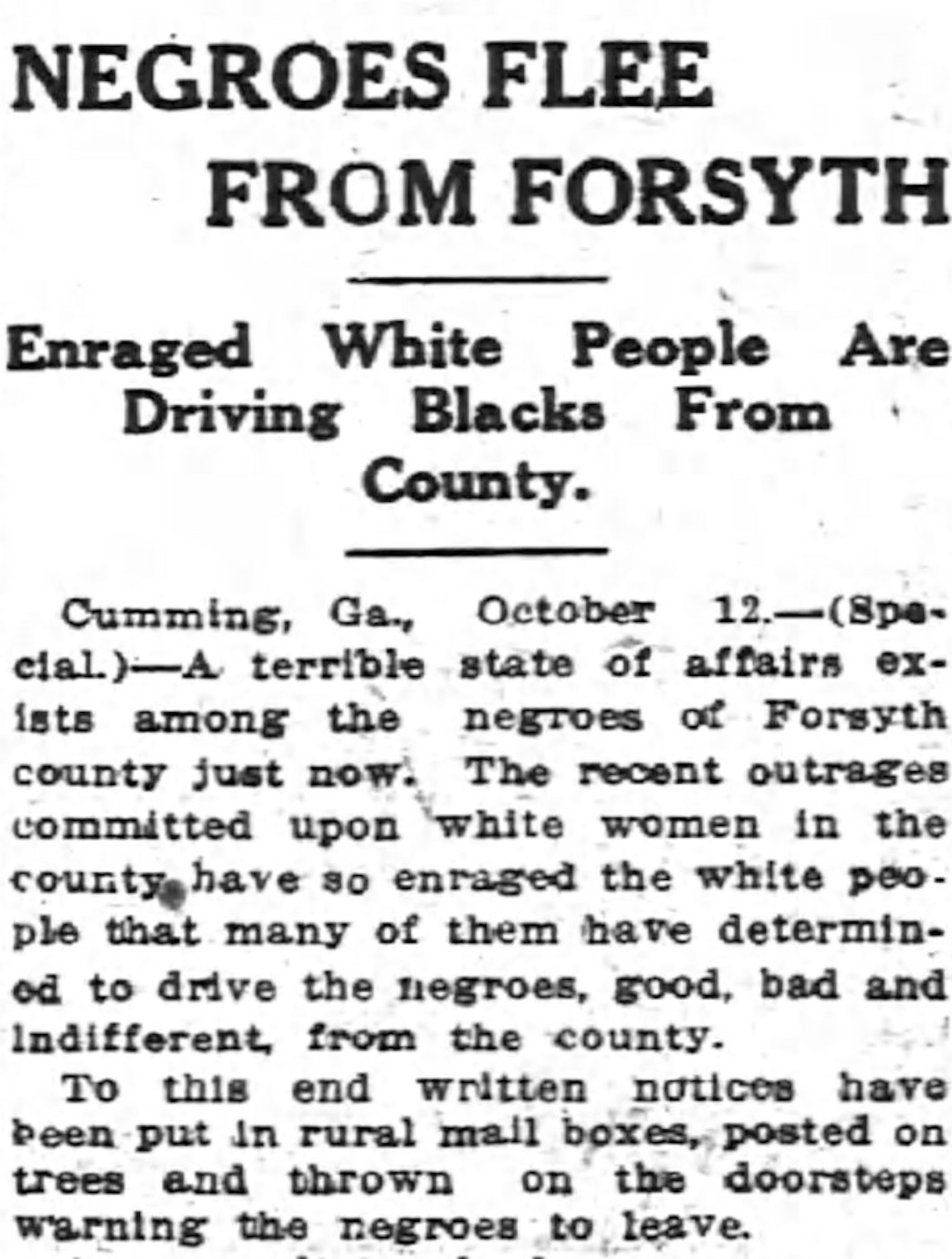 A newspaper article from the Atlanta Constitution “Negroes Flee from Forsyth,” appears in the paper on October 13, 1912.