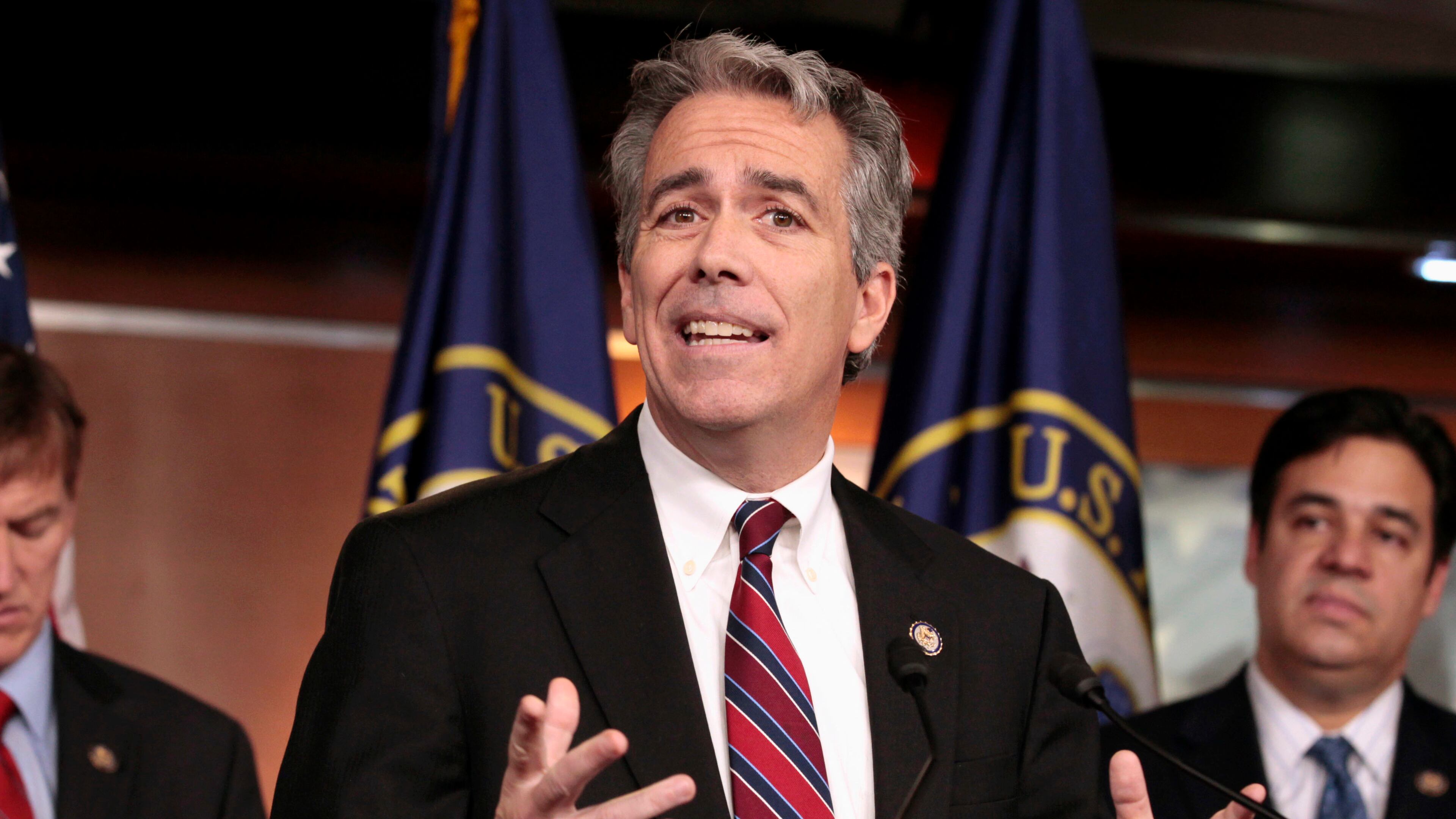 FILE - In this Nov. 15, 2011, file photo former U.S. Rep. Joe Walsh, R-Ill., gestures during a news conference on Capitol Hill in Washington. Walsh tweeted on Oct. 26, 2016, that he plans plans to grab his musket if GOP nominee Donald Trump loses the presidential election. Walsh later said on Twitter that he was referring to “acts of civil disobedience.” (AP Photo/Carolyn Kaster, File)