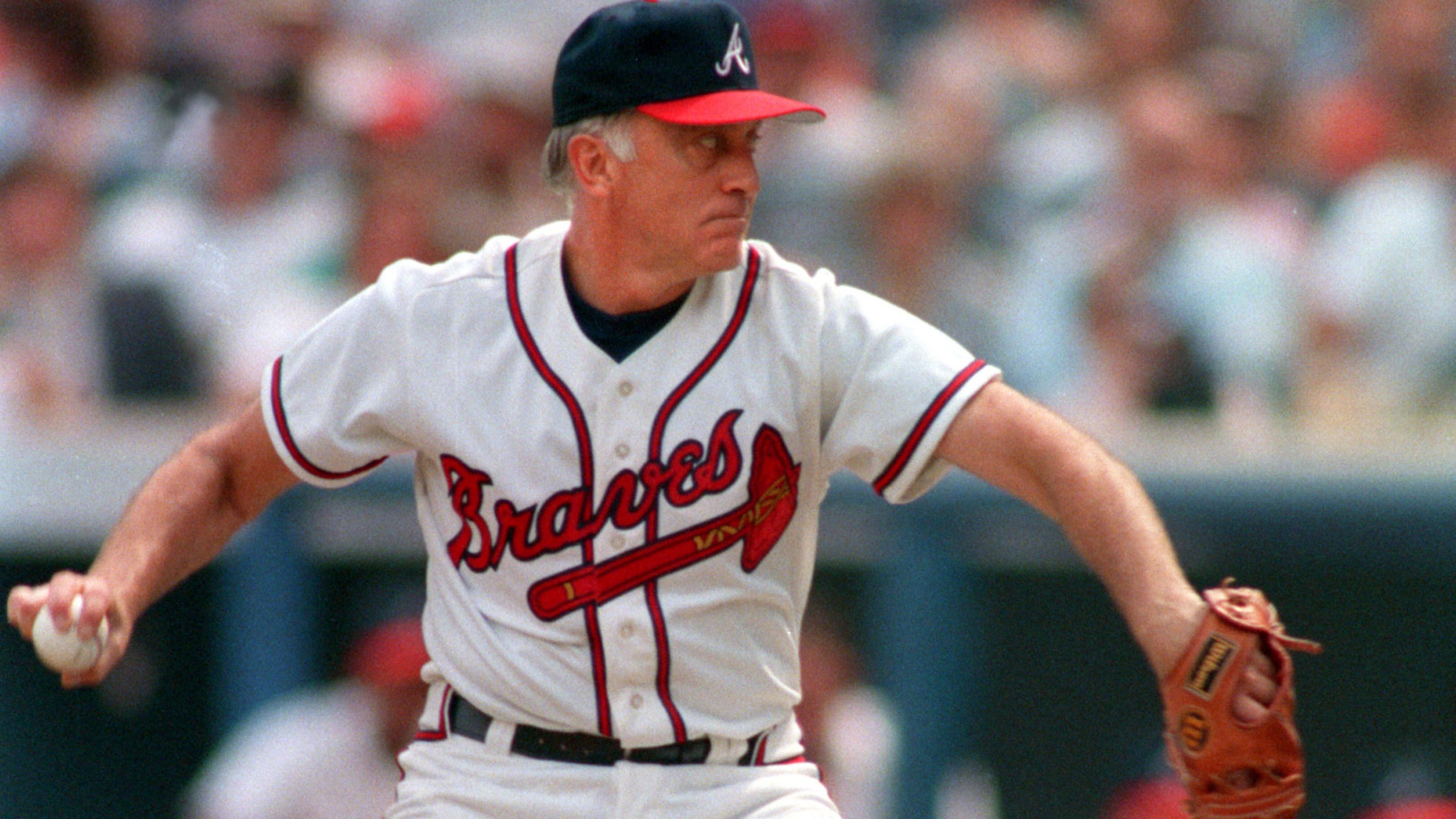 A file photo from Sept. 9, 1987 shows Phil Niekro's pitching action during a Braves/San Francisco game in Atlanta, this was also Niekro's last game. (AJC Staff Photo/William Berry