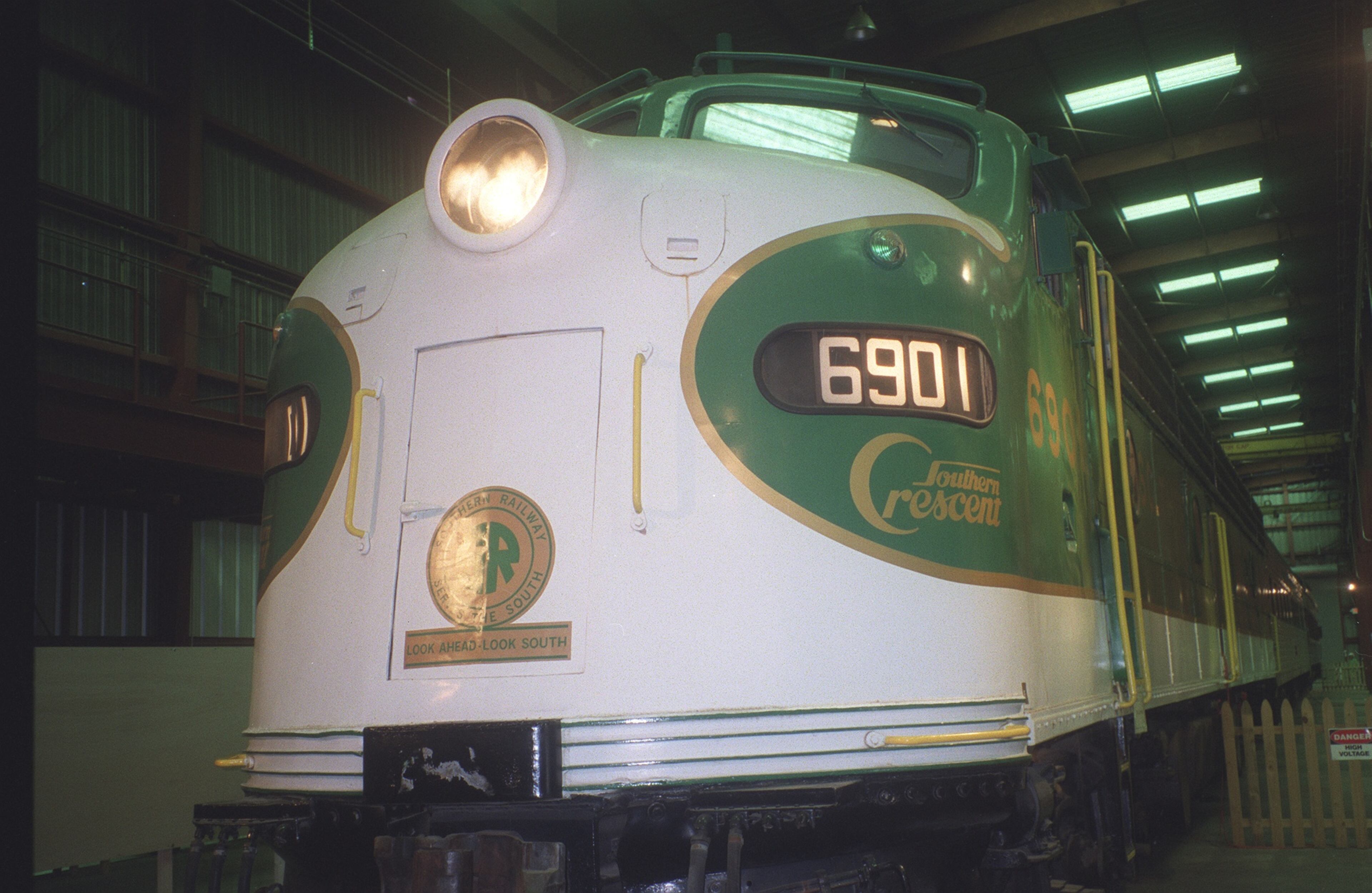The Southern Crescent engine pictured here is a diesel-electric locomotive, built in 1951. The history of the Southern Crescent line itself dates back to the 19th century, with Southern Railway operating the route beginning in 1891. Amtrak took it over in 1979 and operates it as the Crescent currently from New York, NY, to New Orleans each day.