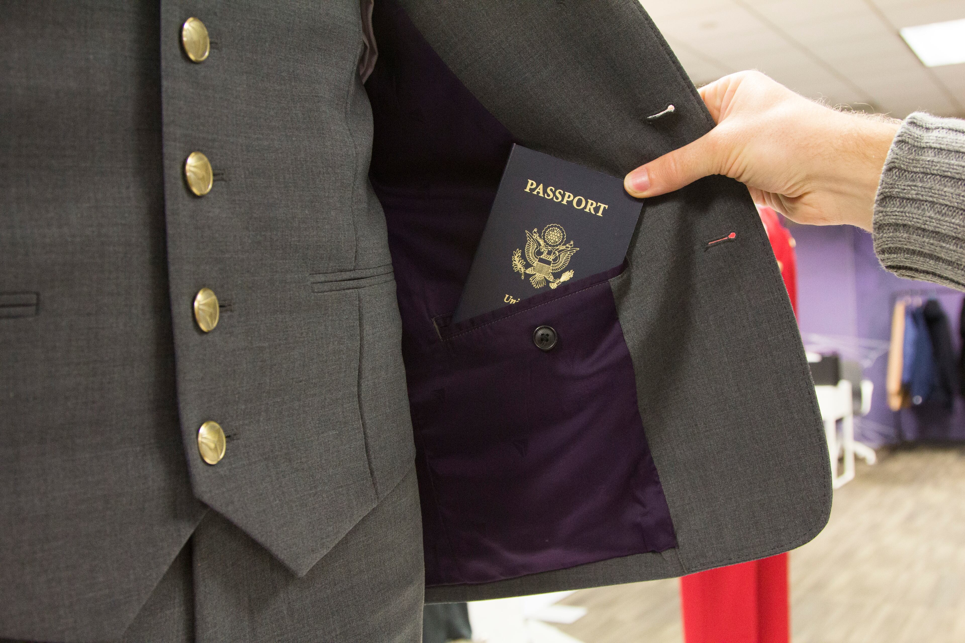 New Delta Airlines uniforms details, including inside pockets for passports, are shown during the uniform fitting for Delta employees at Hartsfield-Jackson Atlanta International Airport in Atlanta, Georgia, on Wednesday, February 7, 2018. (REANN HUBER/REANN.HUBER@AJC.COM)