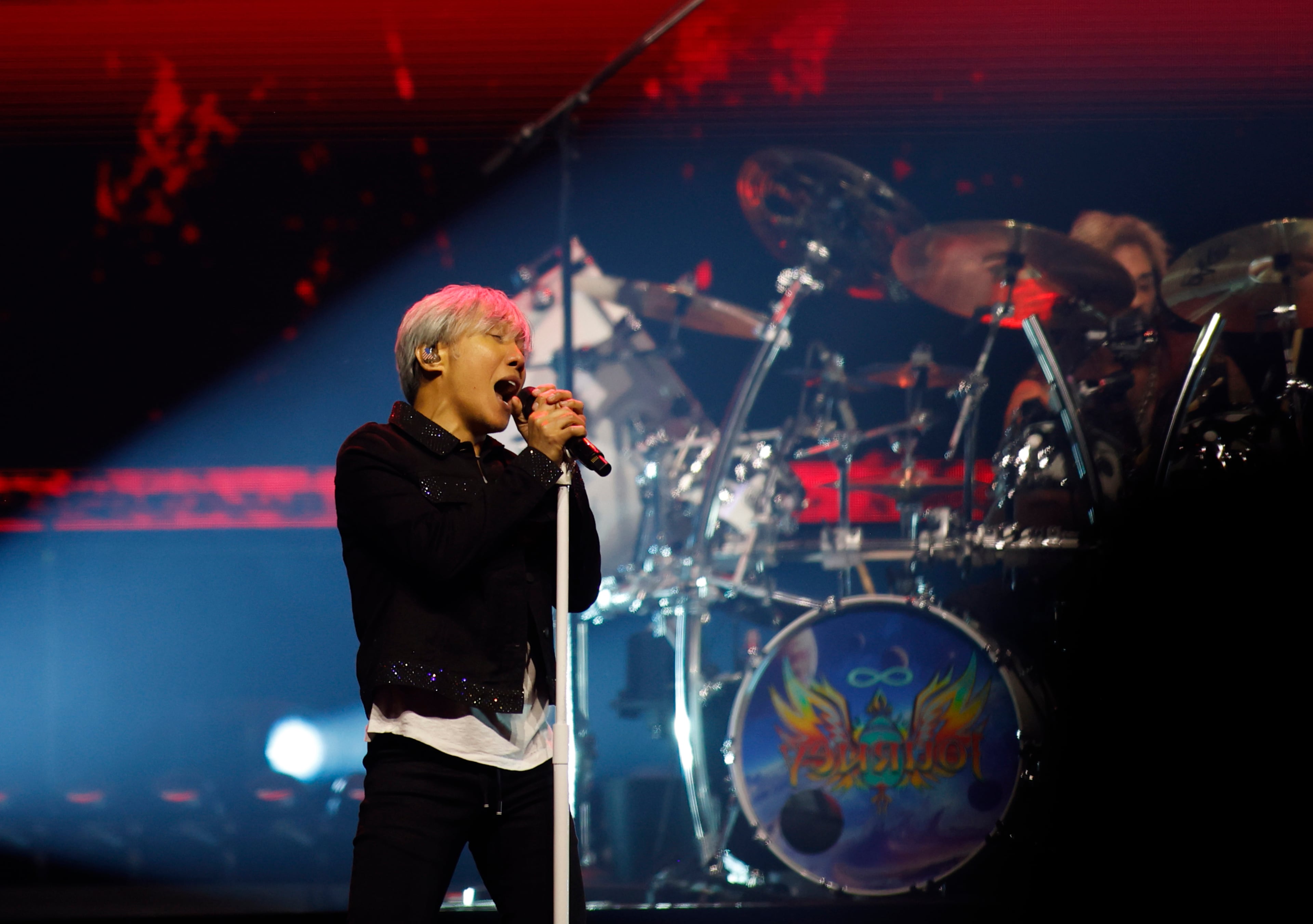 Journey lead vocalist Arnel Pineda performing with the band’s “Final Frontier Tour” at State Farm Arena on Monday, Oct. 19, 2026. (Akili-Casundria Ramsess for the AJC)