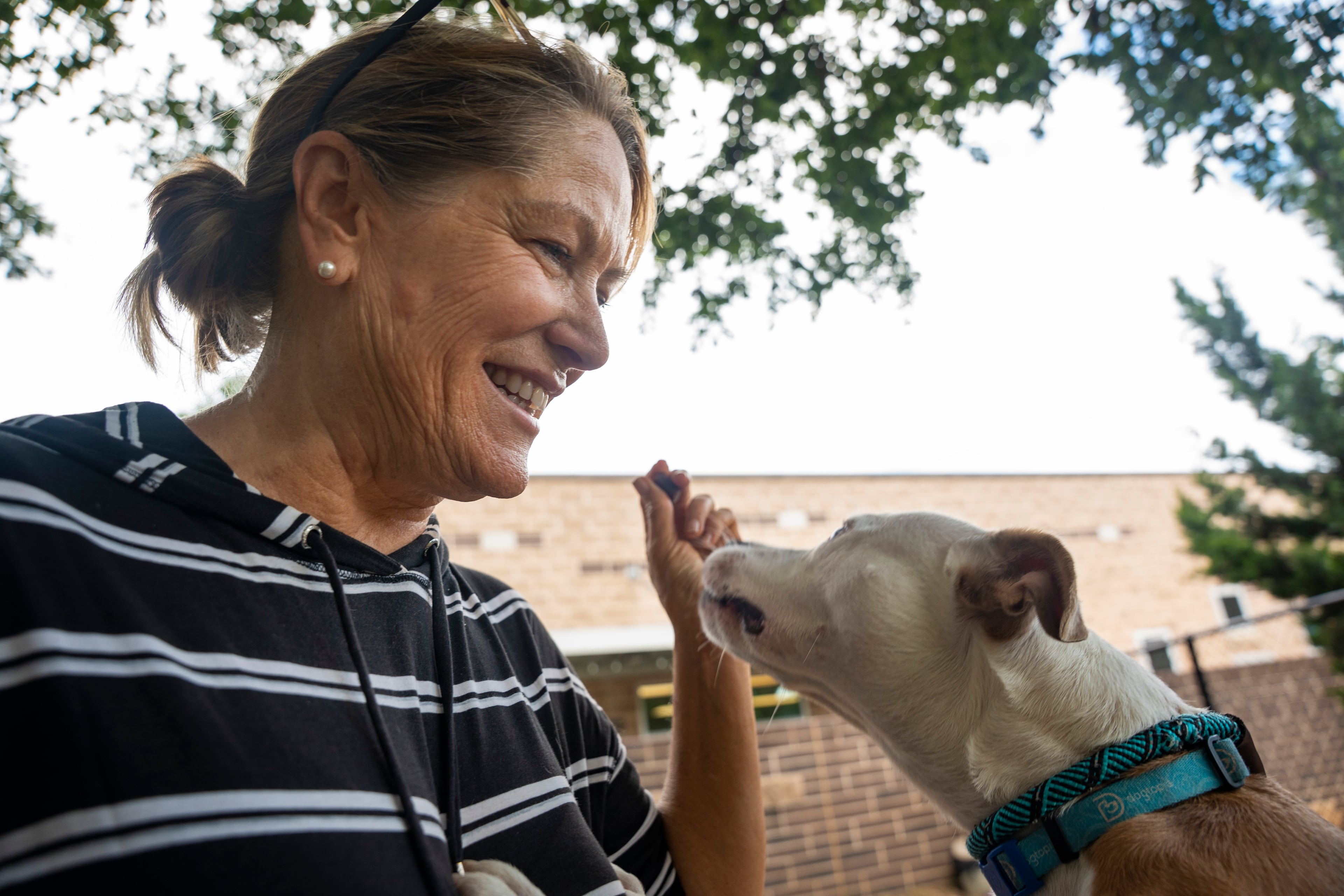 Volunteer and board member Jane McAuley feeds Angel Mist a treat at the DeKalb Animal Shelter on Tuesday, July 1, 2025, in Chamblee. (Olivia Bowdoin for the AJC)
