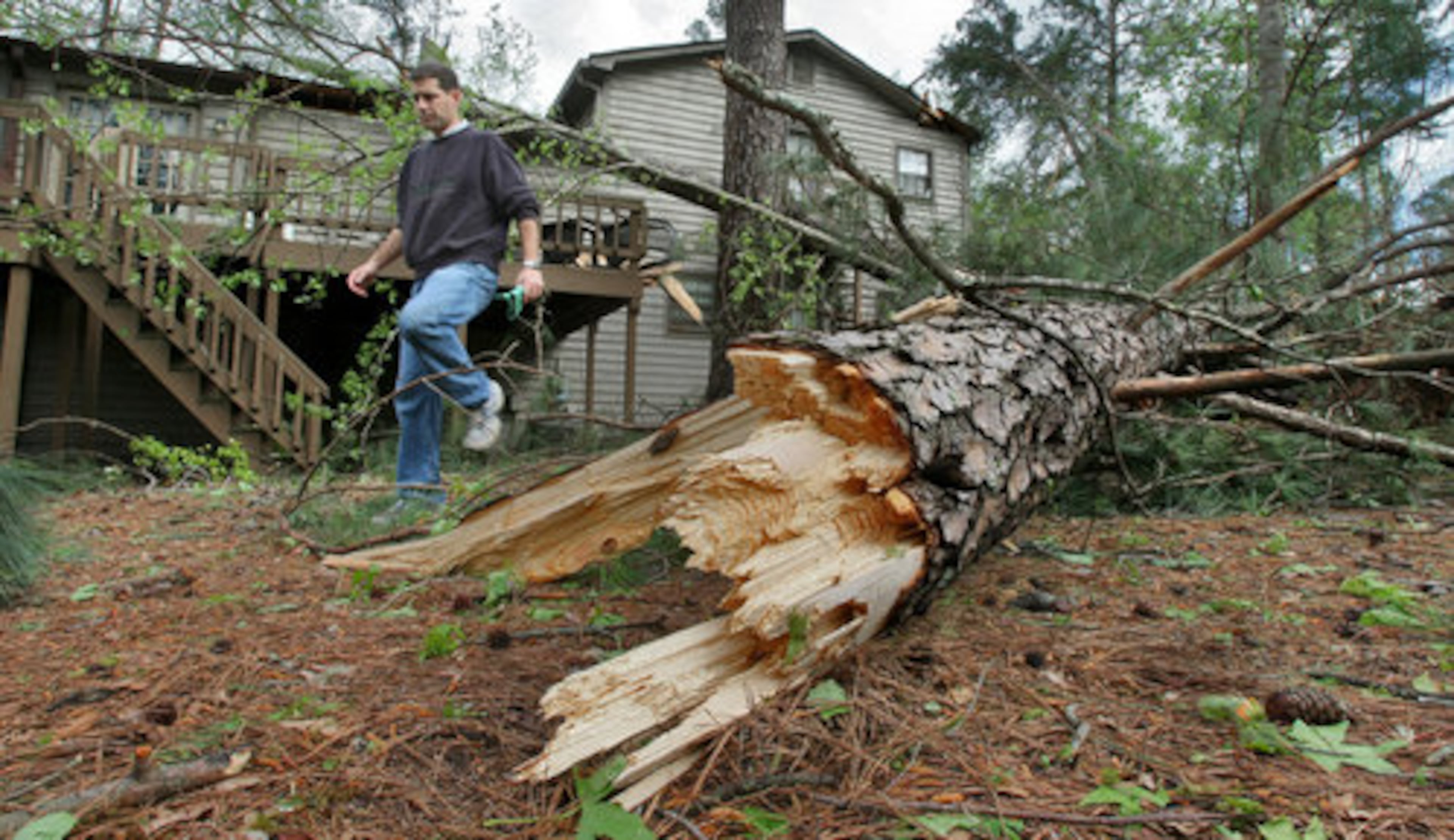 Dials Drive resident Jeremy Mesi walks among splintered trees that toppled onto his house while he huddled with wife Dena and dog Roxy in their basement.