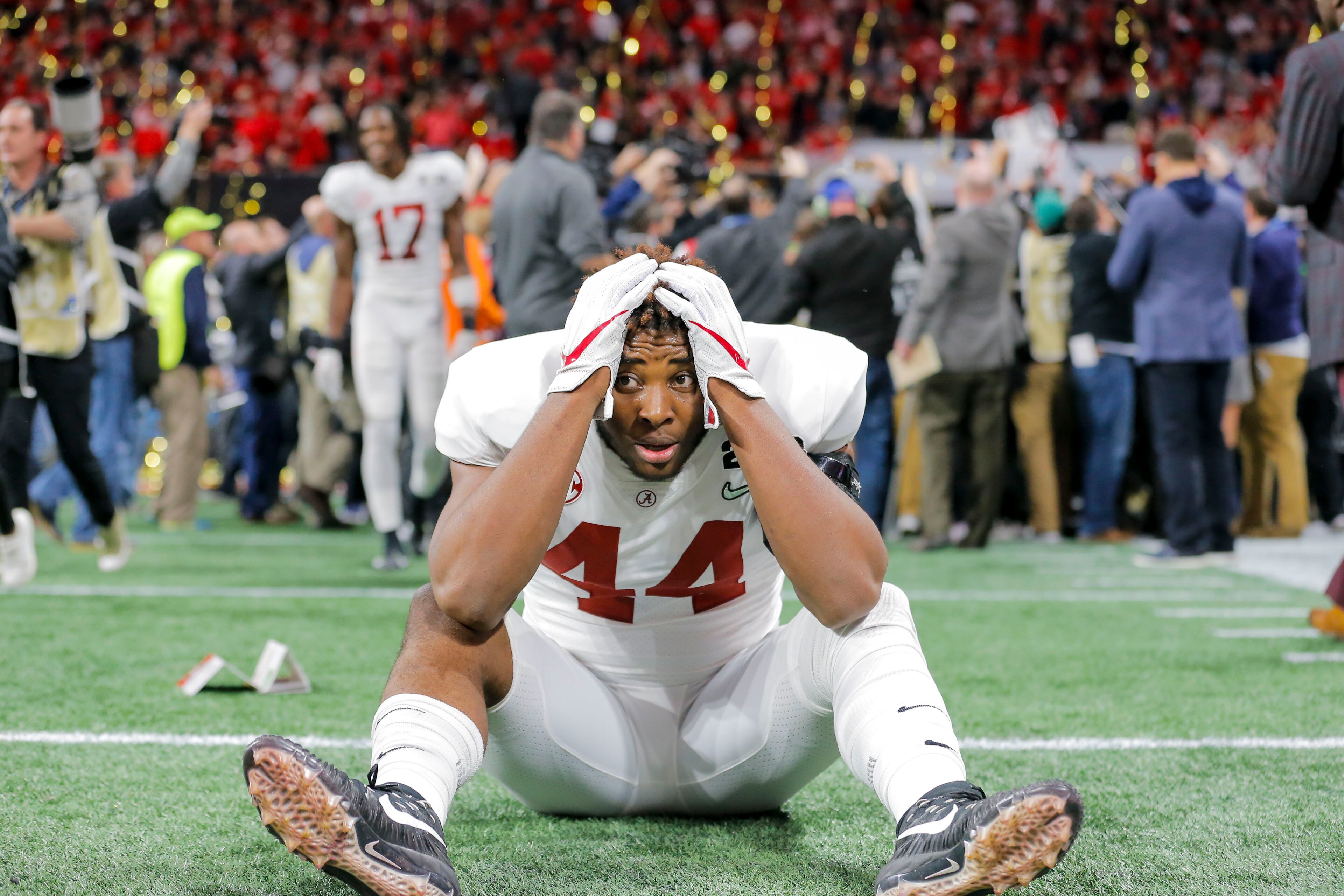 01/08/2018 -- Atlanta, GA - Alabama Crimson Tide tight end Kedrick James (44) reacts with emotion after the Alabama Crimson Tide beat the Georgia Bulldogs during the College Football Playoff National Championship at Mercedes-Benz stadium in Atlanta, Monday, January 8, 2018. The Georgia Bulldogs lost to the Alabama Crimson Tide, 23-26. ALYSSA POINTER/ALYSSA.POINTER@AJC.COM