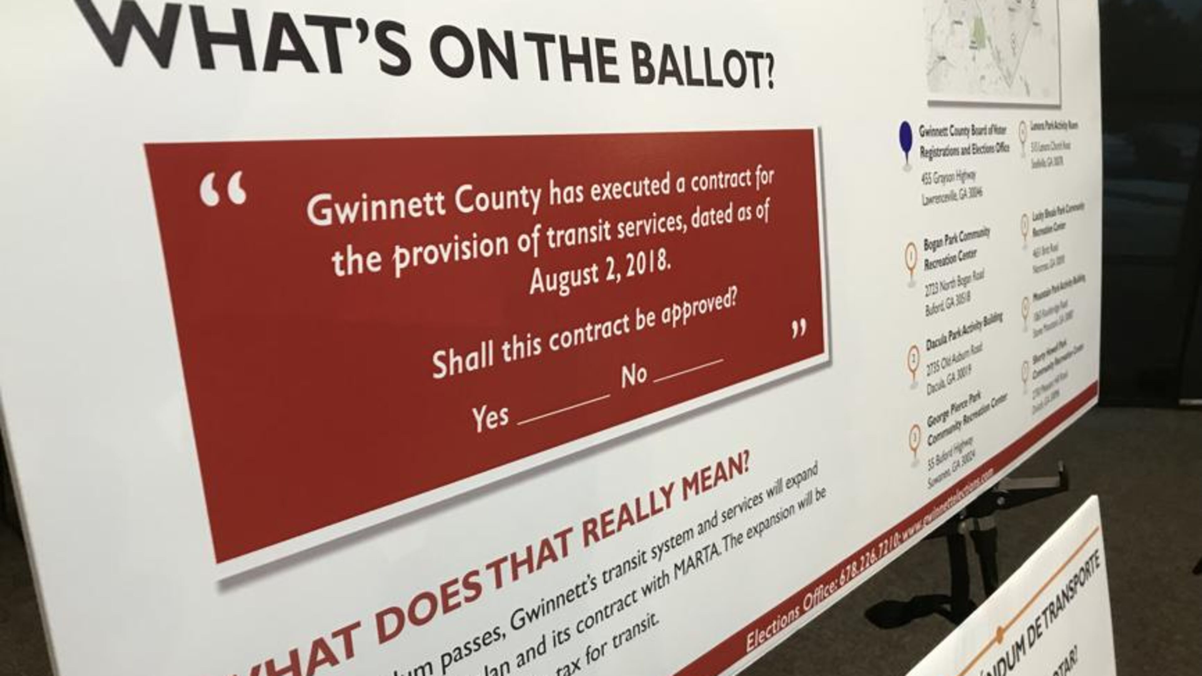 A poster explaining the ballot question for Gwinnett County’s upcoming MARTA referendum. TYLER ESTEP / TYLER.ESTEP@AJC.COM