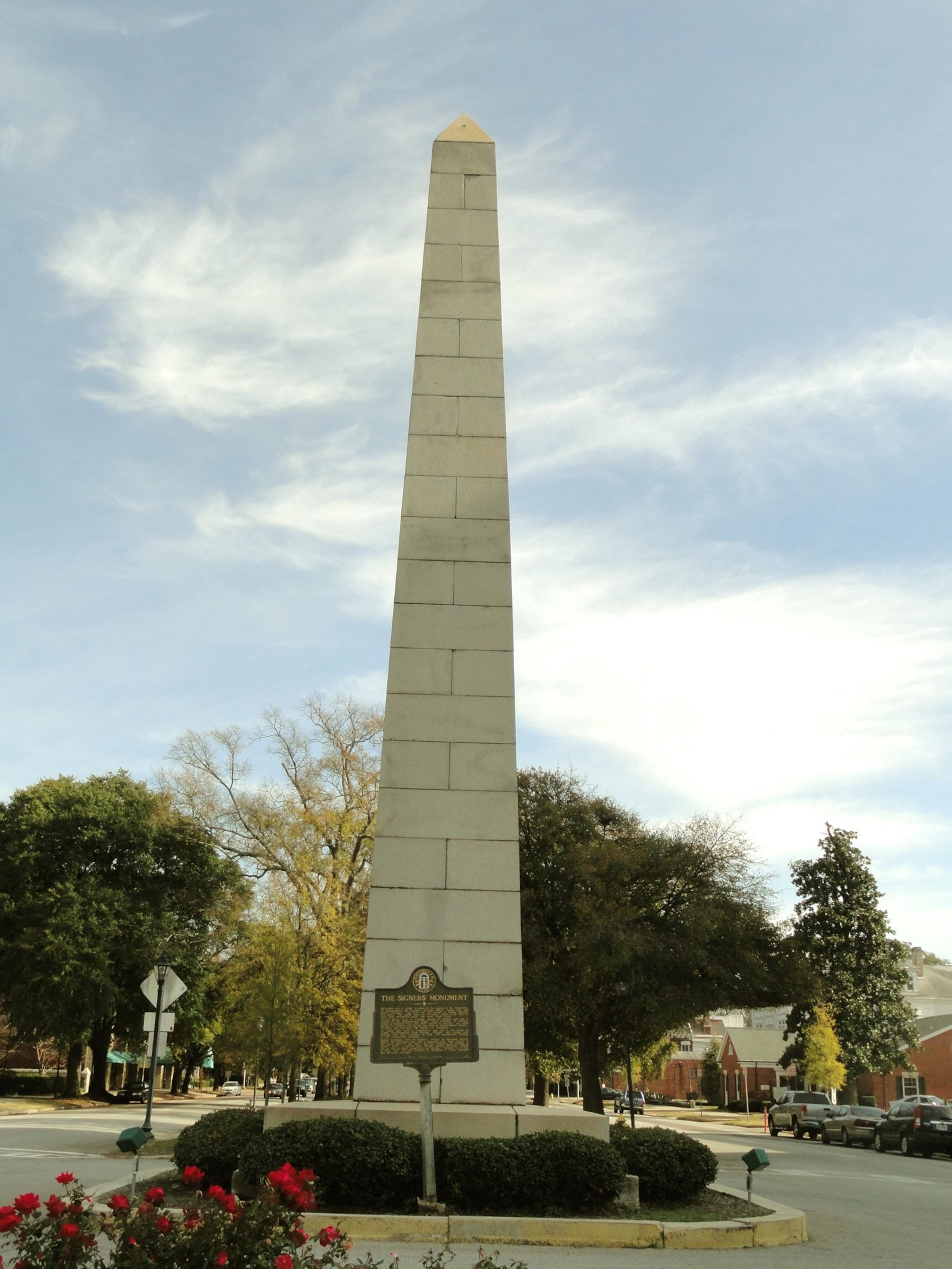 Two of Georgia's three signers of the Declaration of Independence are buried below the Signers' Monument, a 50-foot white granite obelisk in downtown Augusta. (Courtesy of the Georgia Department of Economic Development)
