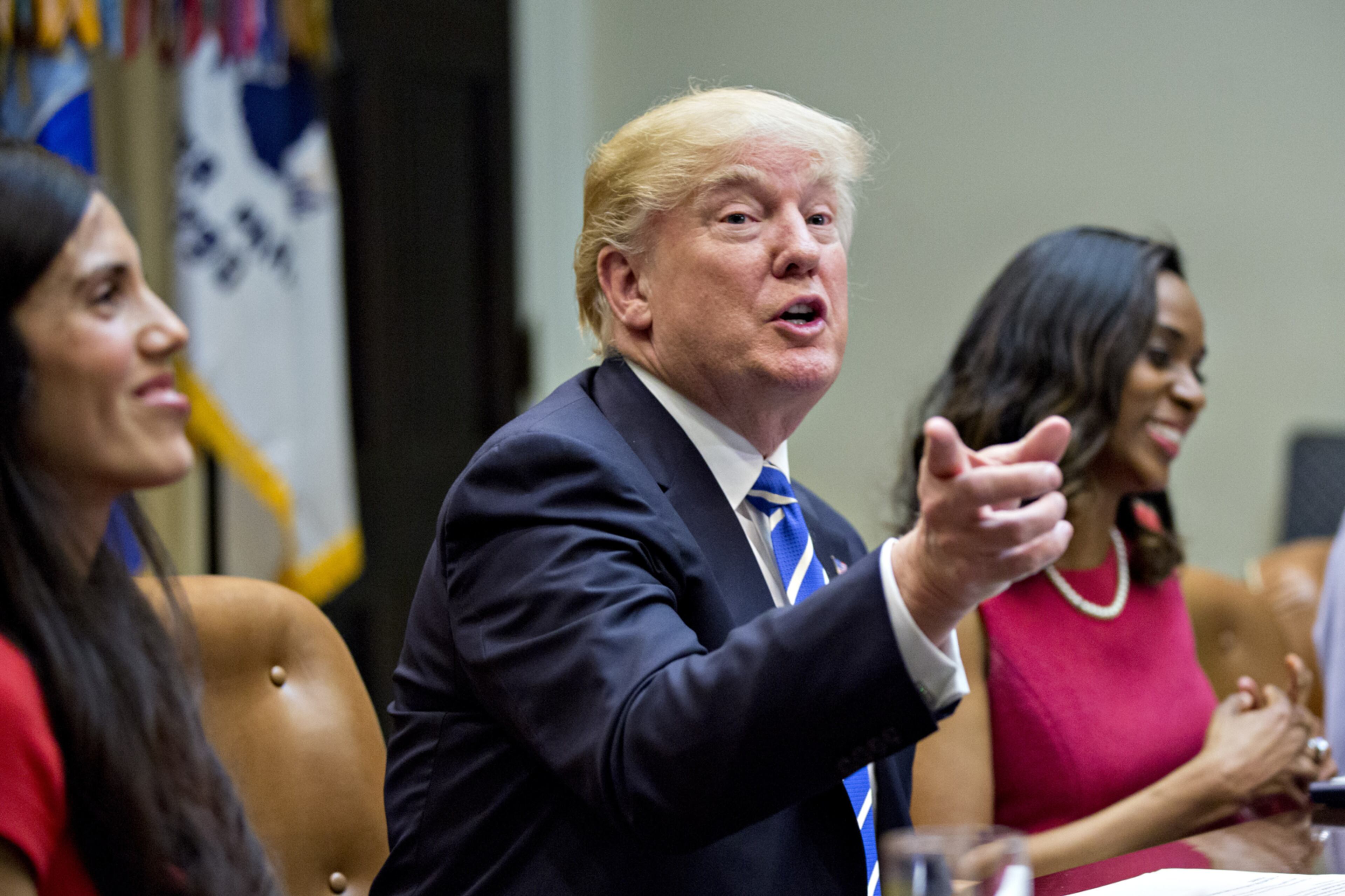 WASHINGTON, DC - MARCH 27: U.S. President Donald Trump speaks while meeting with women small business owners in the Roosevelt Room of the White House on March 27, 2017 in Washington, D.C. Investors on Monday further unwound trades initiated in November resting on the idea that the election of Trump and a Republican Congress meant smooth passage of an agenda that featured business-friendly tax cuts and regulatory changes. (Photo by Andrew Harrer-Pool/Getty Images)