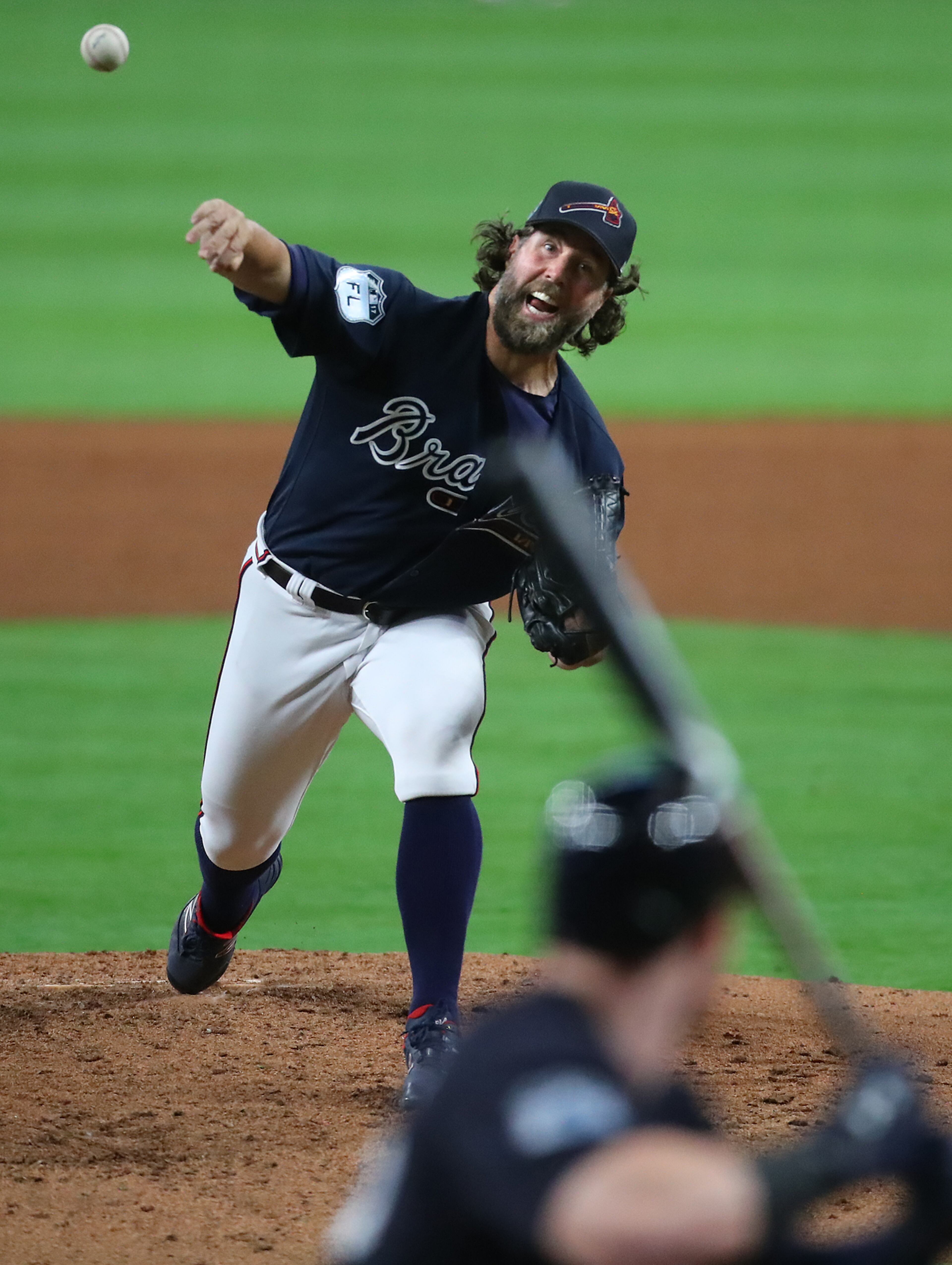 March 31, 2017, Atlanta: Atlanta Braves pitcher R.A. Dickey delivers a pitch against the New York Yankees during the fourth inning in a MLB exhibition game during the soft opening of SunTrust Park on Friday, March 31, 2017, in Atlanta. Curtis Compton/ccompton@ajc.com
