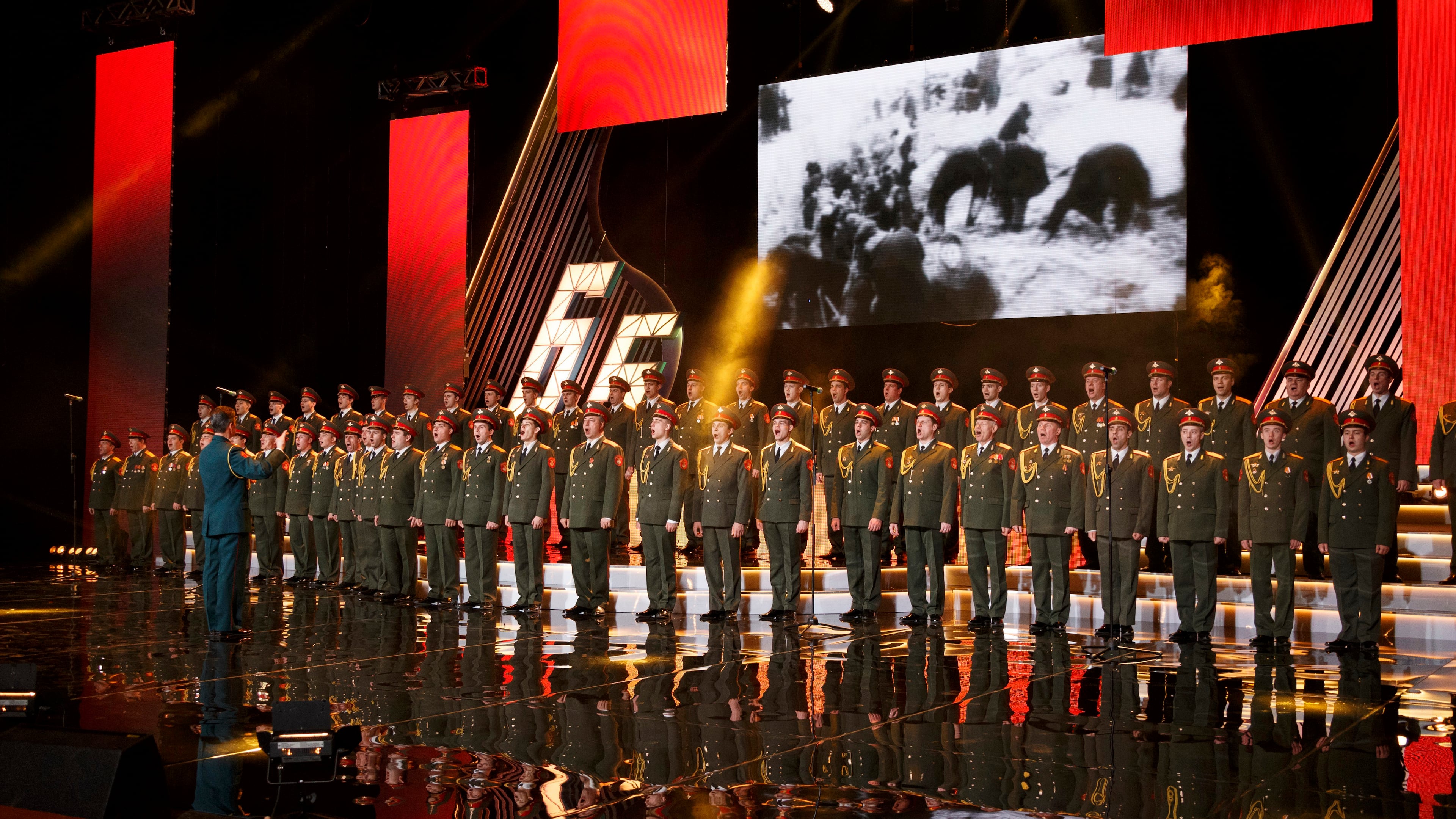 In this photo taken on Thursday, March 31, 2016, the Alexandrov Ensemble choir performs during a concert in Moscow, Russia. A Russian plane with 92 people aboard, including the well-known military band, crashed into the Black Sea on its way to Syria on Sunday, Dec. 25, minutes after takeoff from the resort city of Sochi, the Defense Ministry said. The Tu-154, which belonged to the ministry, was taking the Alexandrov Ensemble to a concert at the Russian air base in Syria. (AP Photo)