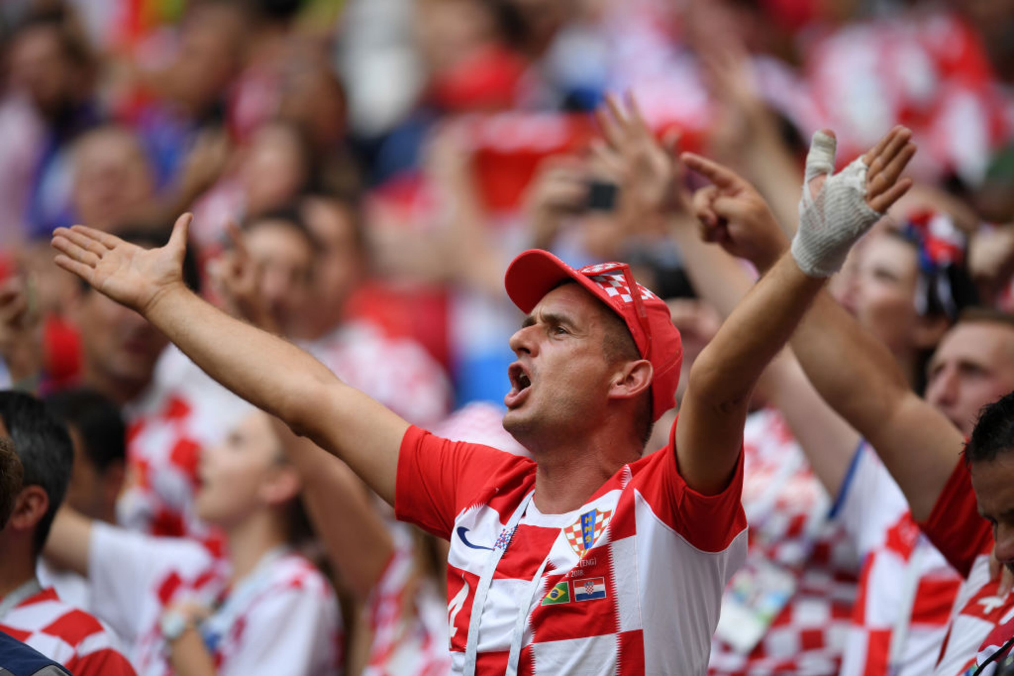 MOSCOW, RUSSIA - JULY 15: Croatia fans show their support ahead of the 2018 FIFA World Cup Final between France and Croatia at Luzhniki Stadium on July 15, 2018 in Moscow, Russia. (Photo by Matthias Hangst/Getty Images)