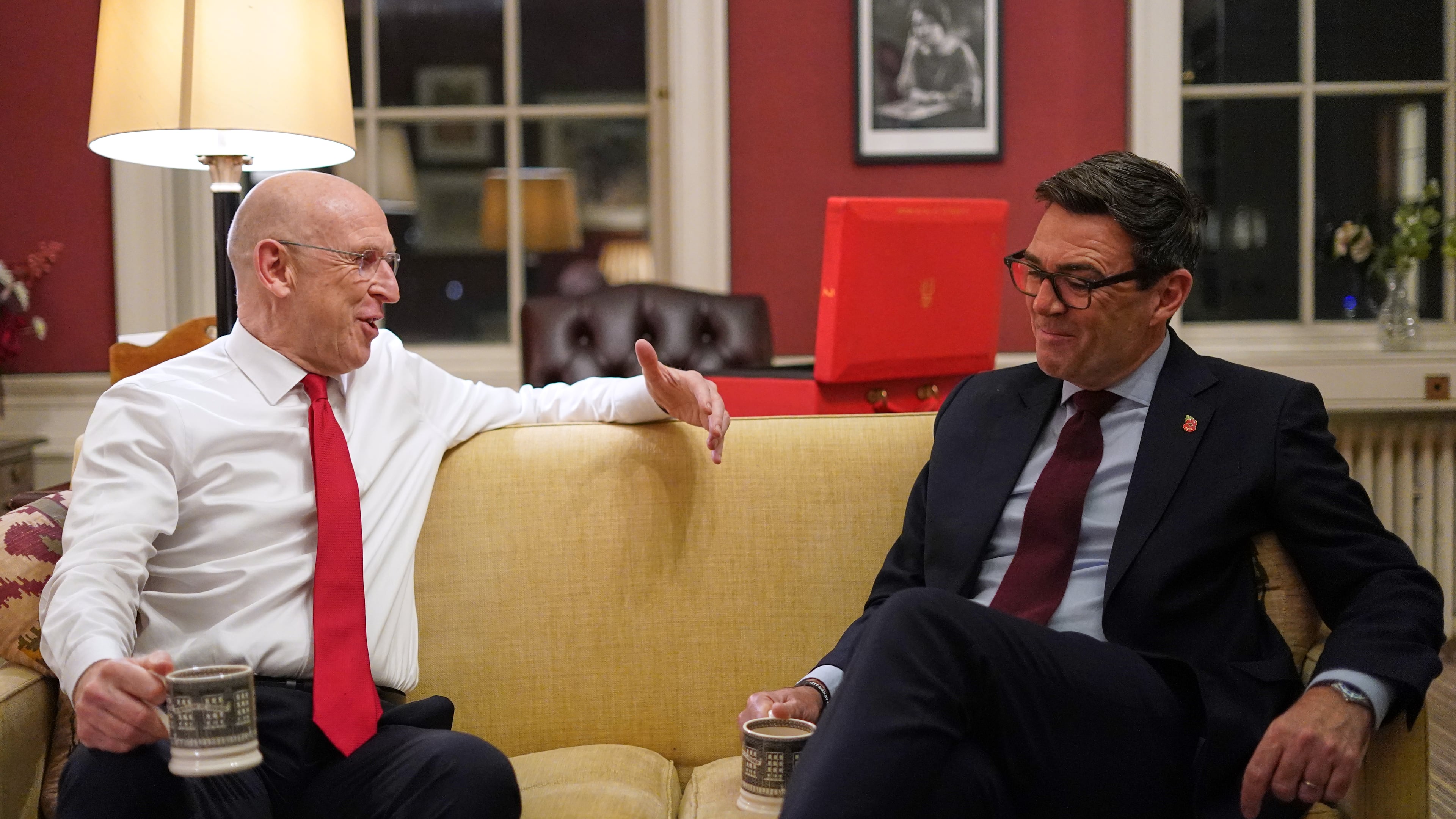 Britain's Prime Minister Andy Burnham, right, and Chancellor of the Exchequer John Healey meet ahead of the UK budget at 11 Downing Street in London, Monday, Oct. 26, 2026. (AP Photo/Alberto Pezzali, Pool)