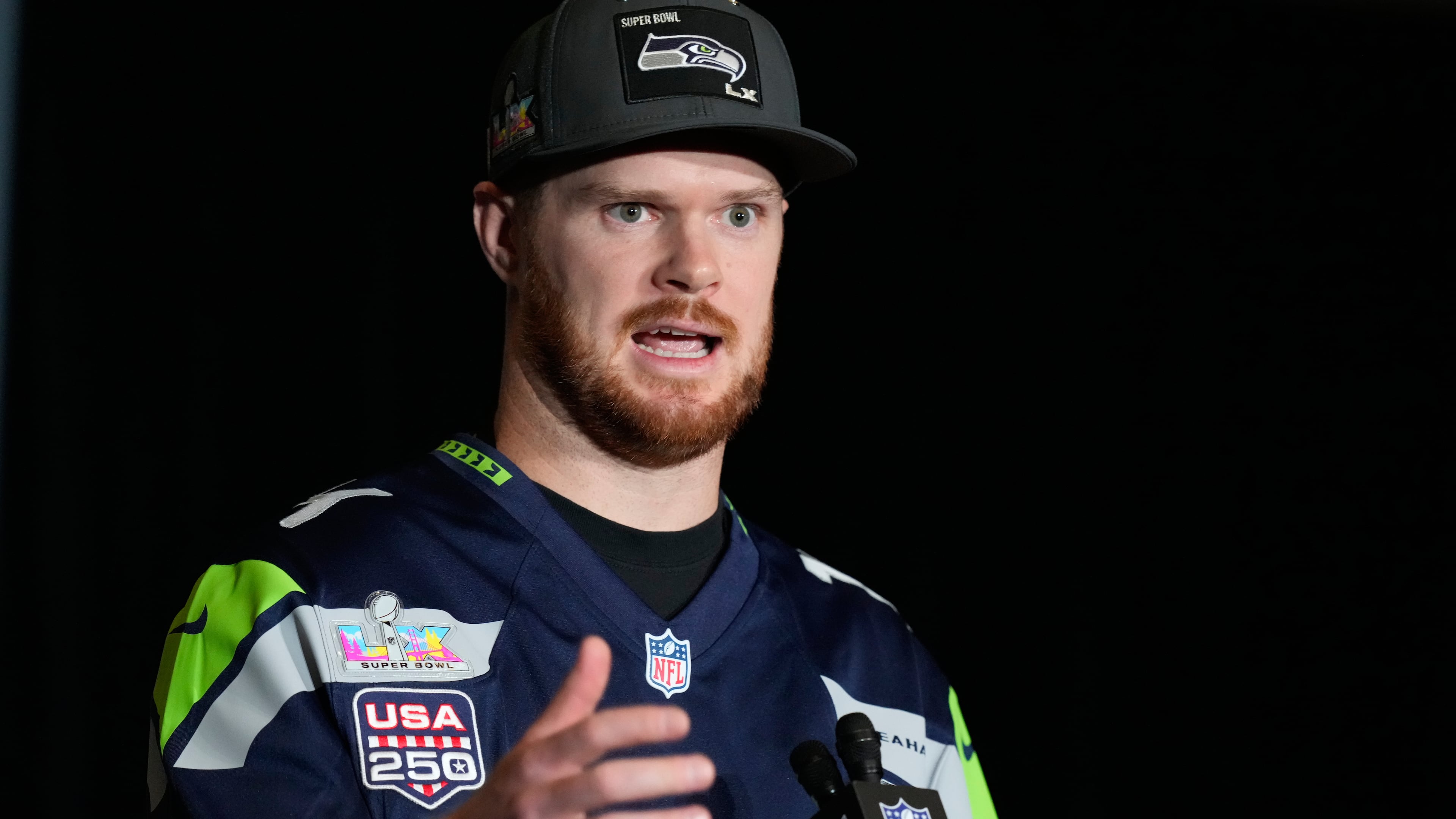 Seattle Seahawks quarterback Sam Darnold (14) speaks during a news conference on Thursday, Feb. 5, 2026, in San Jose, Calif., ahead of Super Bowl 60 between the New England Patriots and the Seattle Seahawks. (AP Photo/Brynn Anderson)