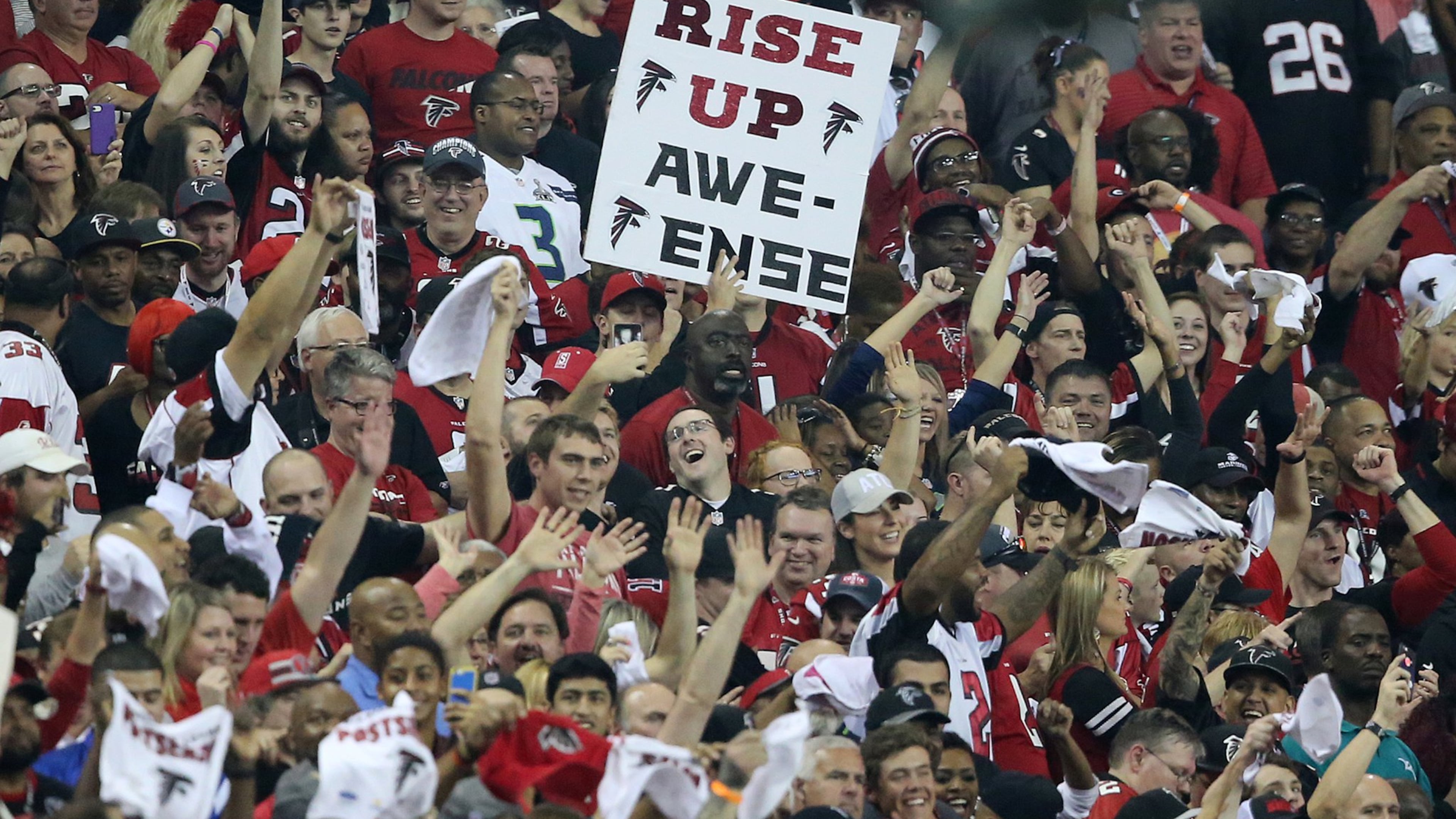 January 14, 2017, Atlanta: Falcons fans react as the Falcons take a 36-13 lead over the Seahawks during a NFL football NFC divisional playoff game on Saturday, Jan. 14, 2017, in Atlanta. Curtis Compton/ccompton@ajc.com