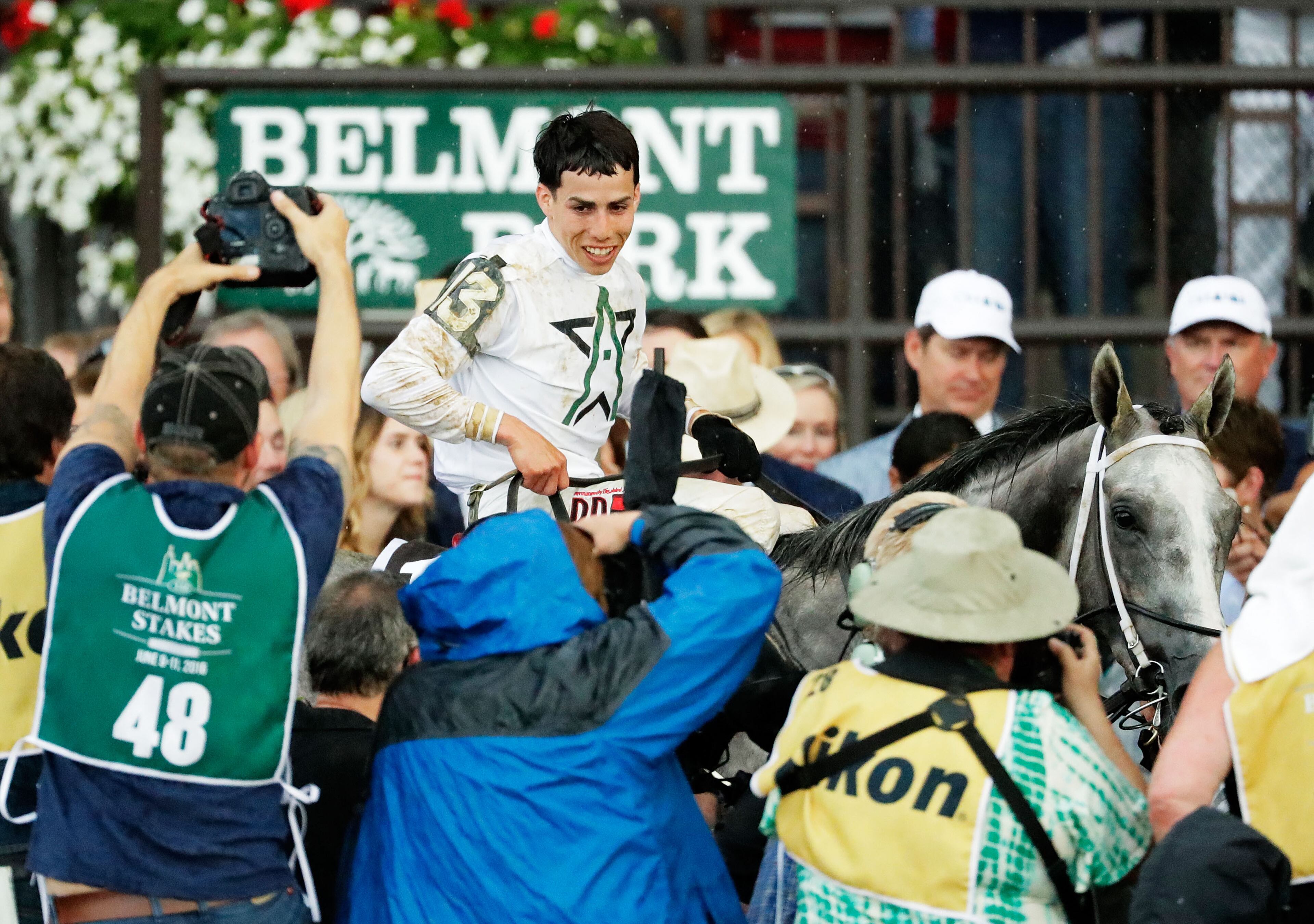 ELMONT, NY - JUNE 11: Creator #13 with jockey Irad Ortiz Jr. up celebrate in the winner's circle after The 148th running of the Belmont Stakes at Belmont Park on June 11, 2016 in Elmont, New York. (Photo by Al Bello/Getty Images)