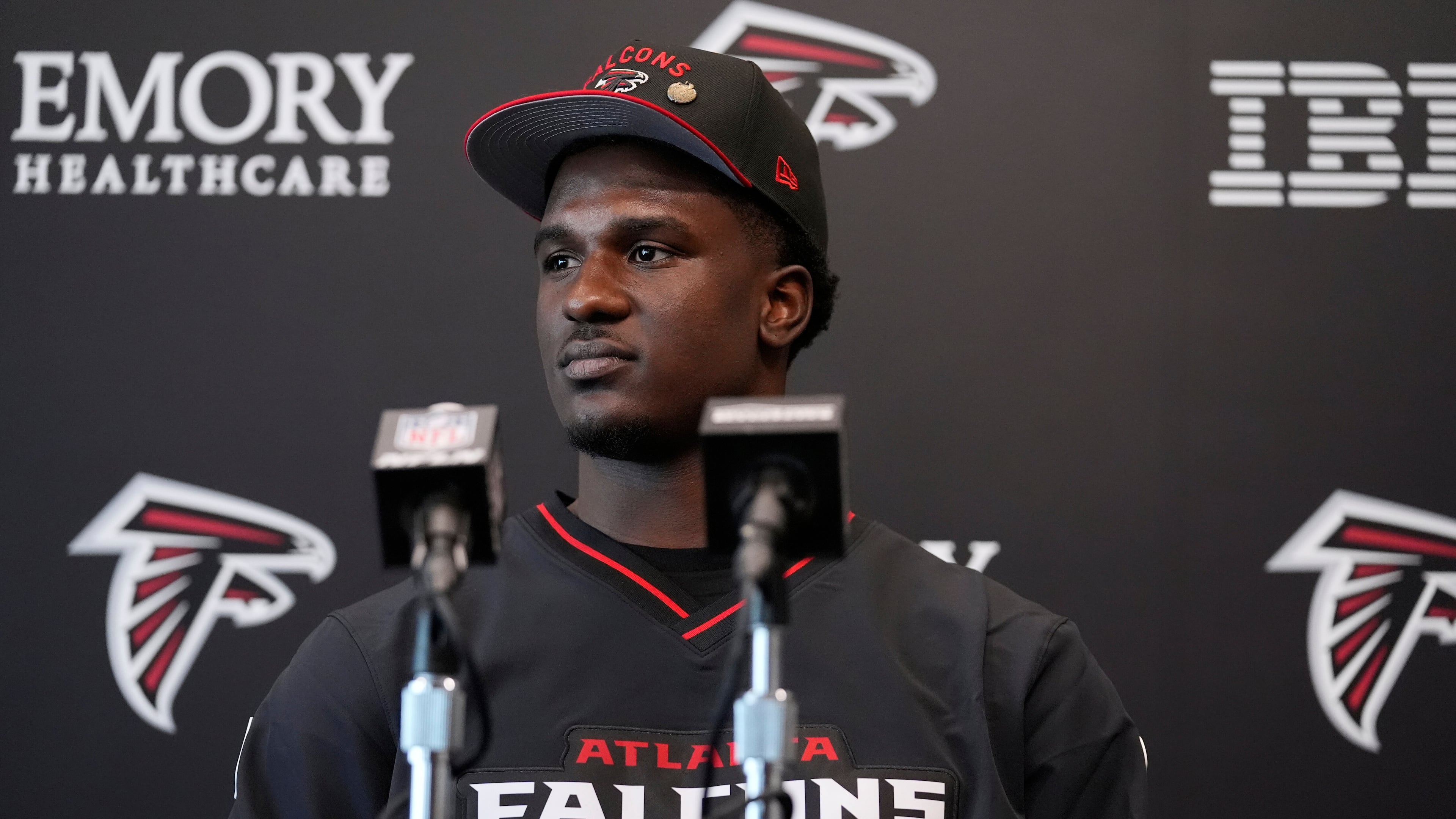 FILE - Atlanta Falcons first-round draft pick James Pearce Jr., speaks during a news conference, Friday, April 25, 2025, in Flowery Branch, Ga. (AP Photo/Brynn Anderson, File)