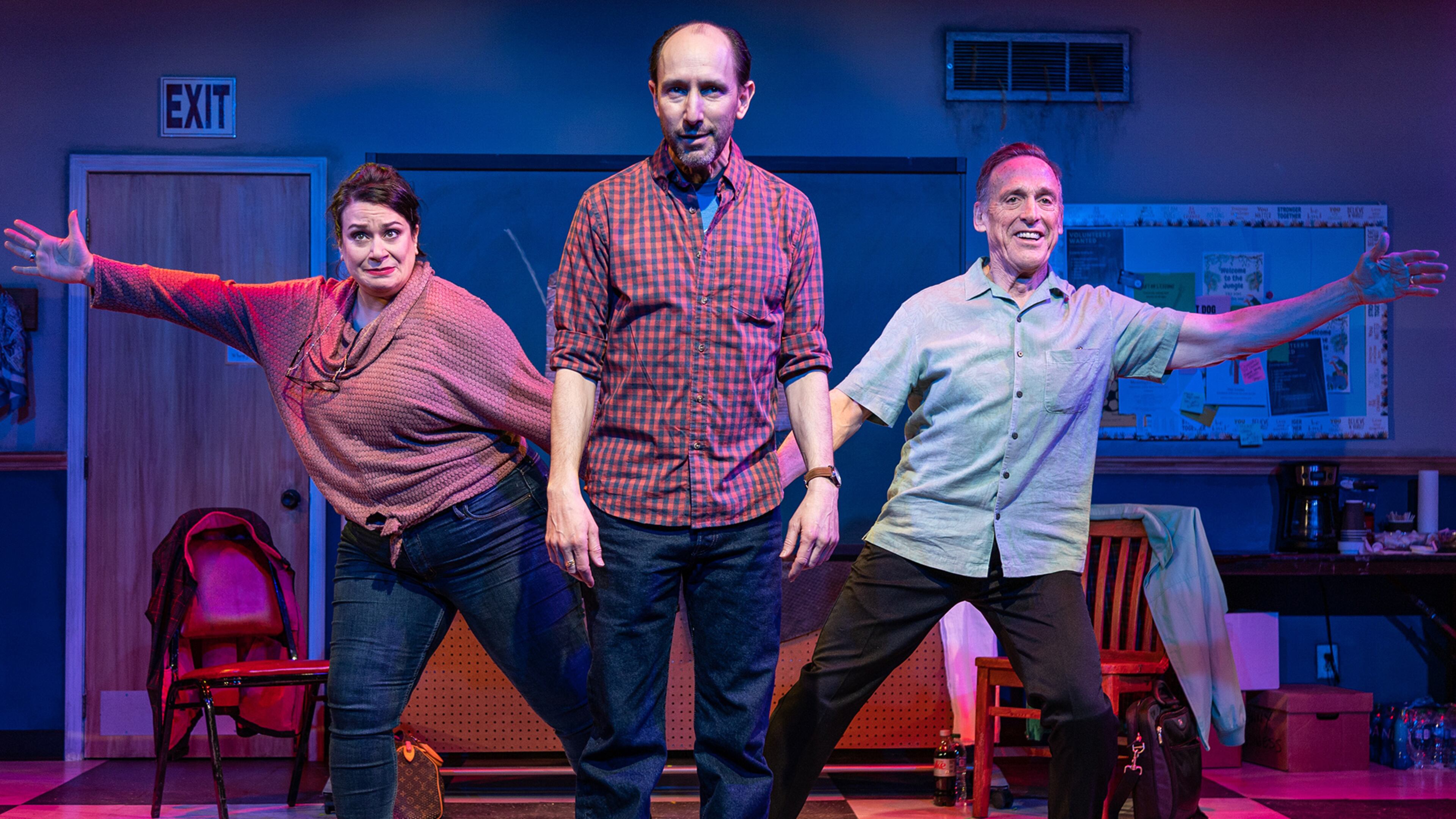 Andrew Benator (center) portrays a recovering alcoholic in the Theatrical Outfit/Dad’s Garage co-production of “The White Chip,” co-starring Gina Rickicki and Tom Key.
Courtesy of Theatrical Outfit/Casey G. Ford Photography