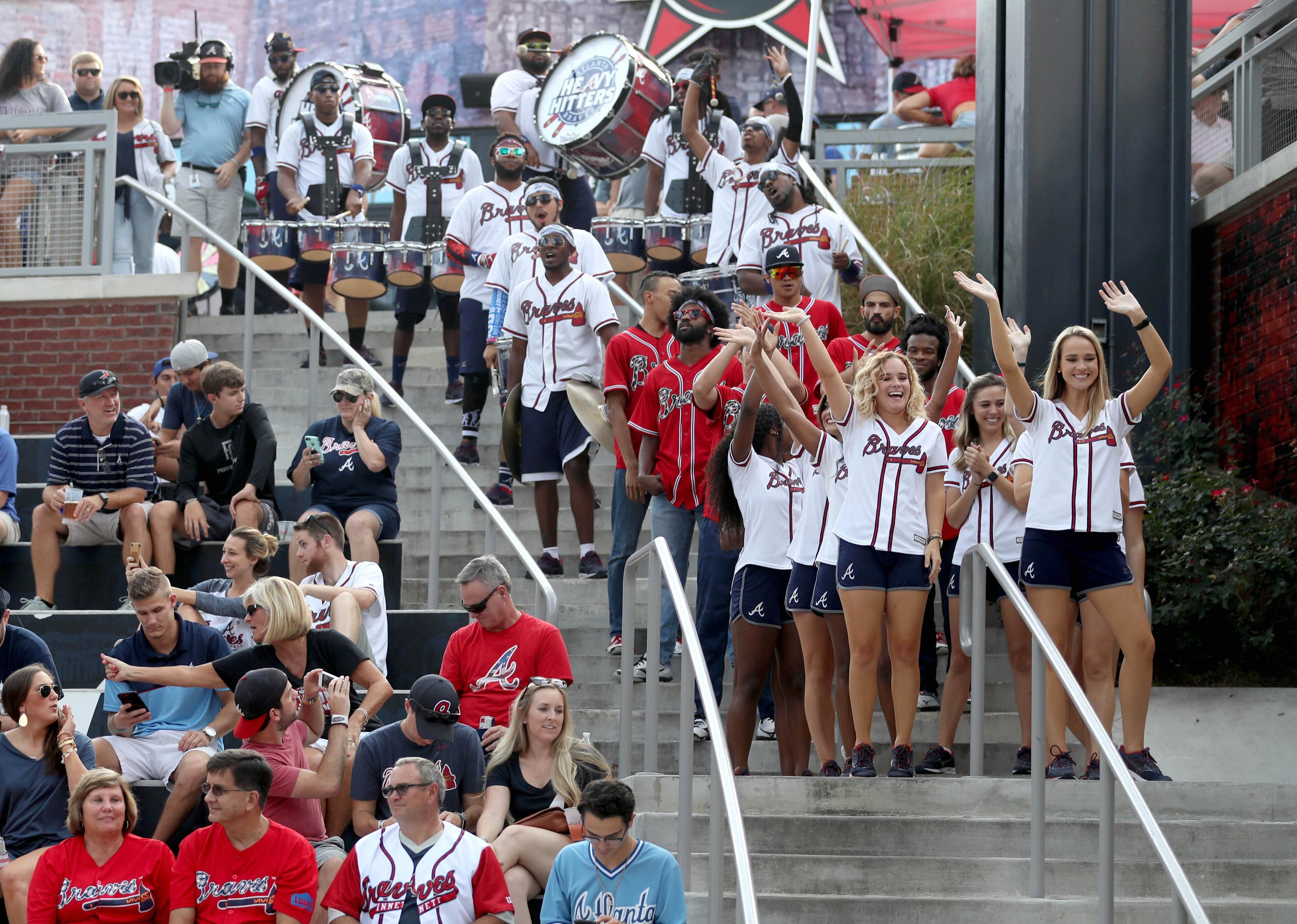 October 7, 2018 - Atlanta: The Atlanta Braves Tomahawk Team and other members of the pregame festivities perform before the start of Game 3 between the Atlanta Braves and the Los Angeles Dodgers during a National League Division Series baseball game Sunday, October 7, 2018, in Atlanta. (JASON GETZ/SPECIAL TO THE AJC)