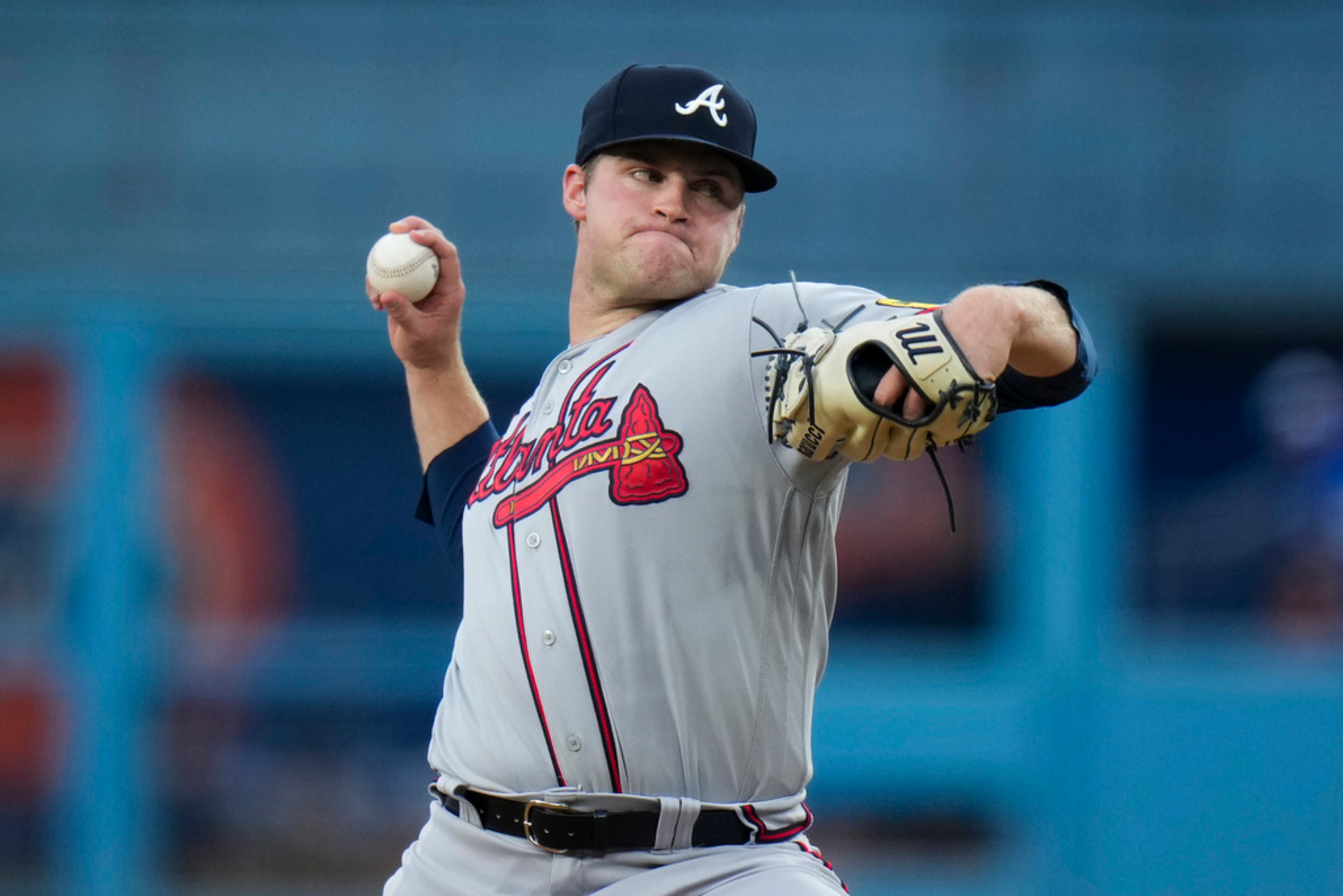 Atlanta Braves starting pitcher Bryce Elder throws to a Los Angeles Dodgers batter during the first inning of a baseball game Saturday, Sept. 2, 2023, in Los Angeles. (AP Photo/Jae C. Hong)