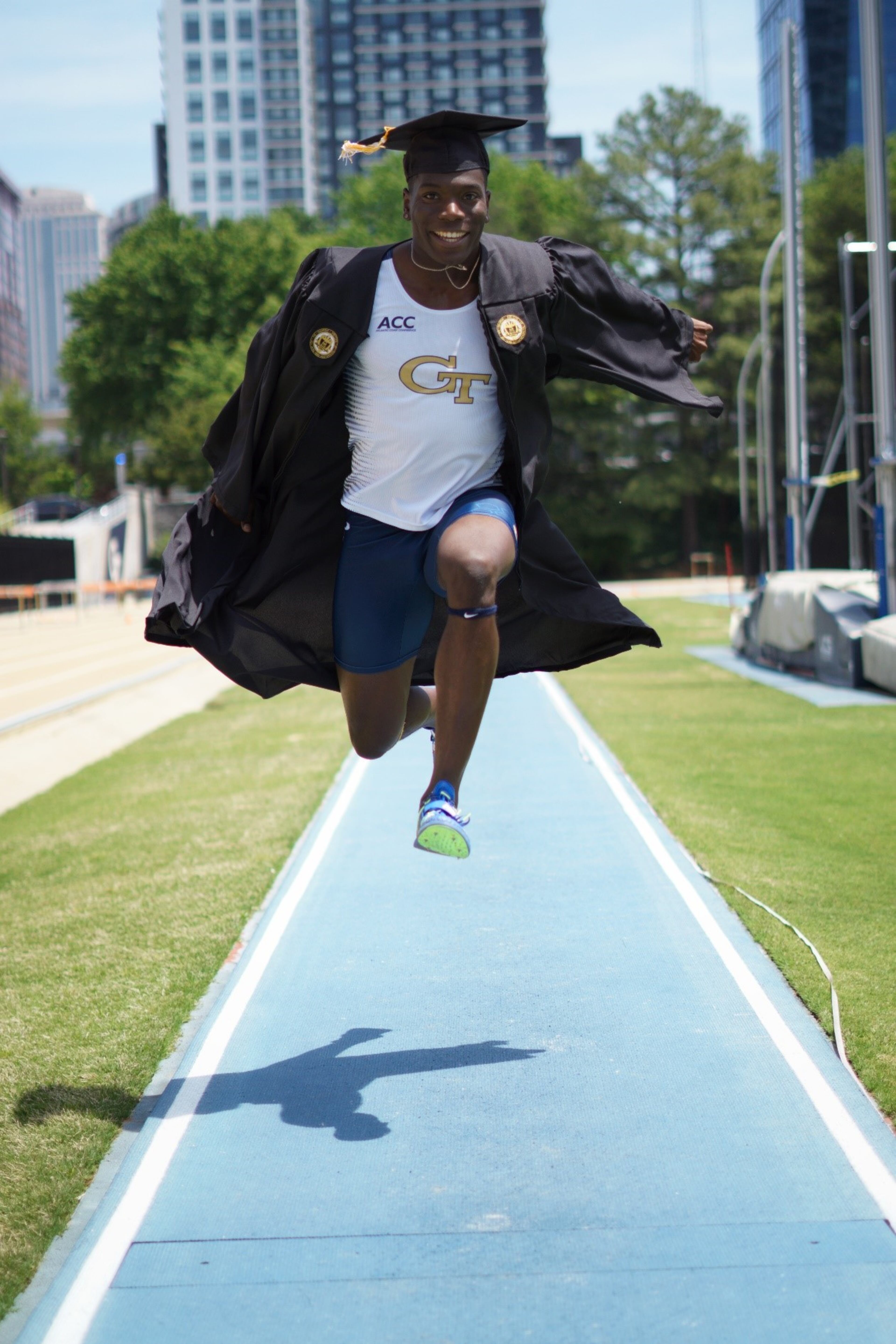 Georgia Tech athlete Preston J. Smith’s triple jump graduation photo.