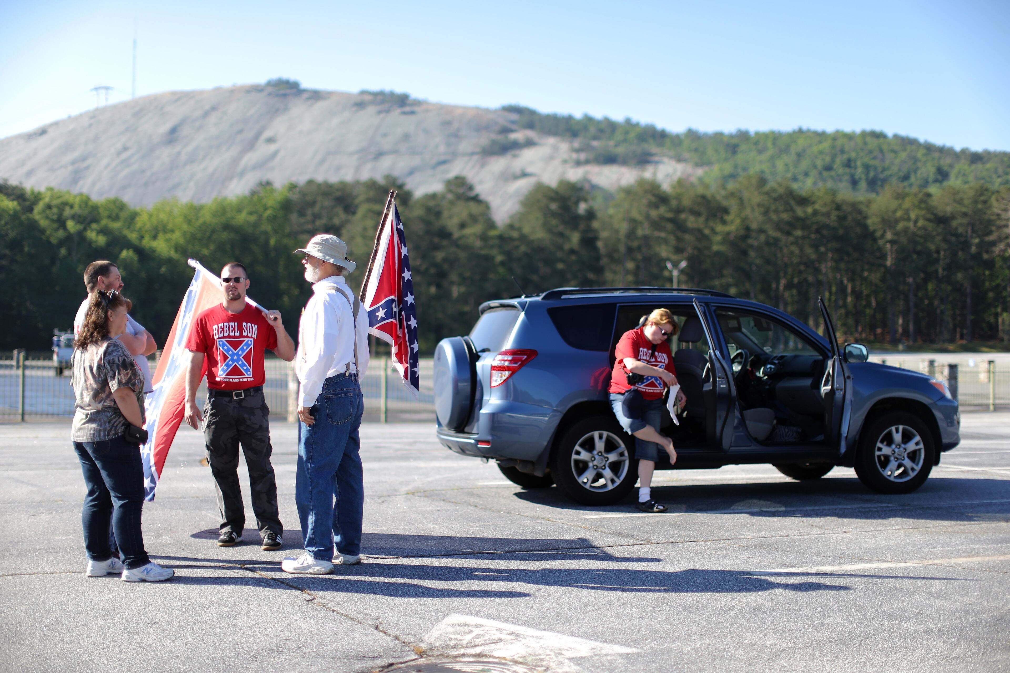 Participants arrive early for a white power rally at Stone Mountain Park on Saturday morning April 23, 2016. Two separate counter-protests are also planned to take place at the park in opposition to the white supremacist group. Ben Gray / bgray@ajc.com