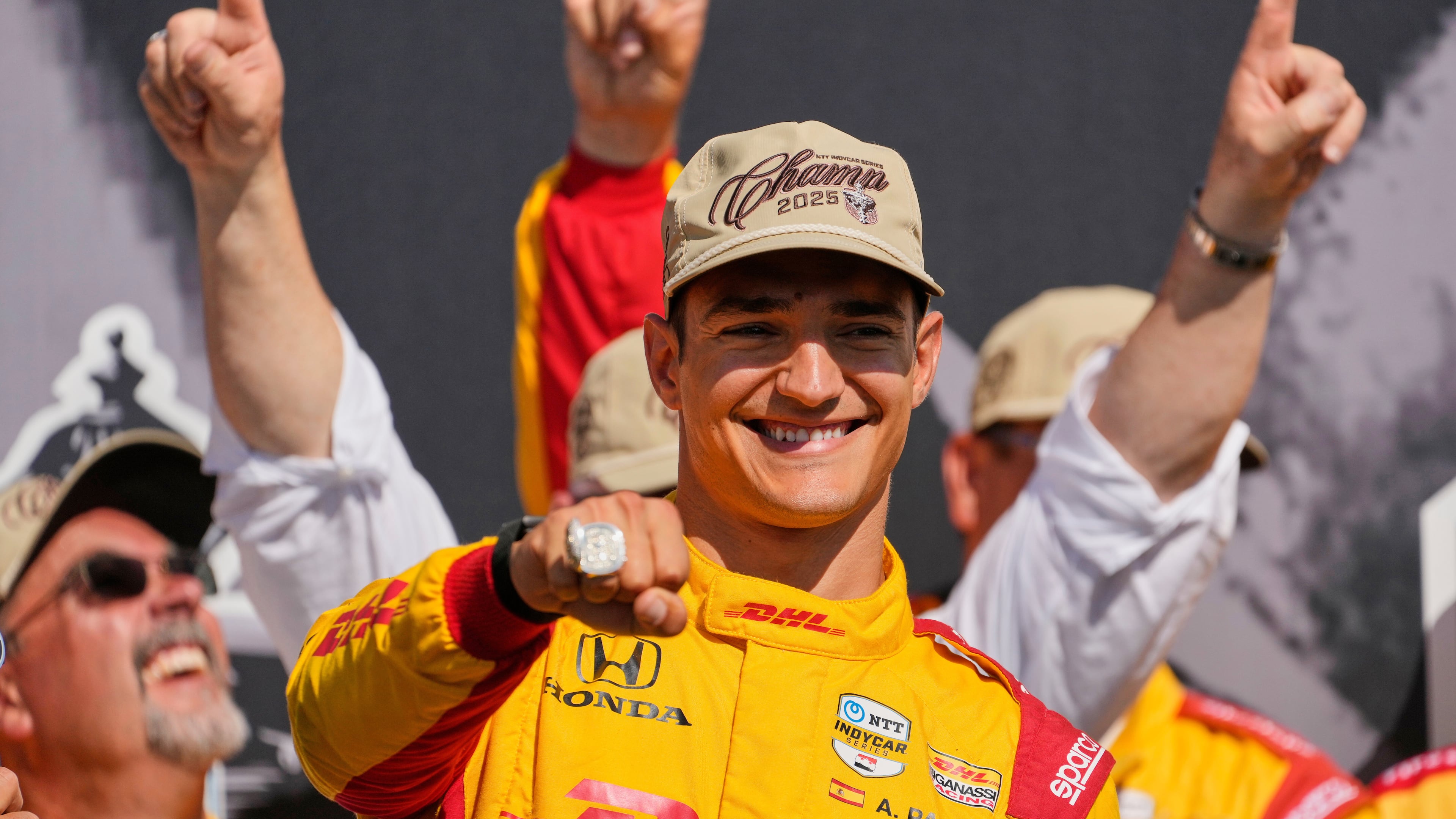 FILE - Alex Palou celebrates after winning the IndyCar championship Sunday, Aug. 31, 2025, at Nashville Superspeedway in Lebanon, Tenn. (AP Photo/George Walker IV, File)