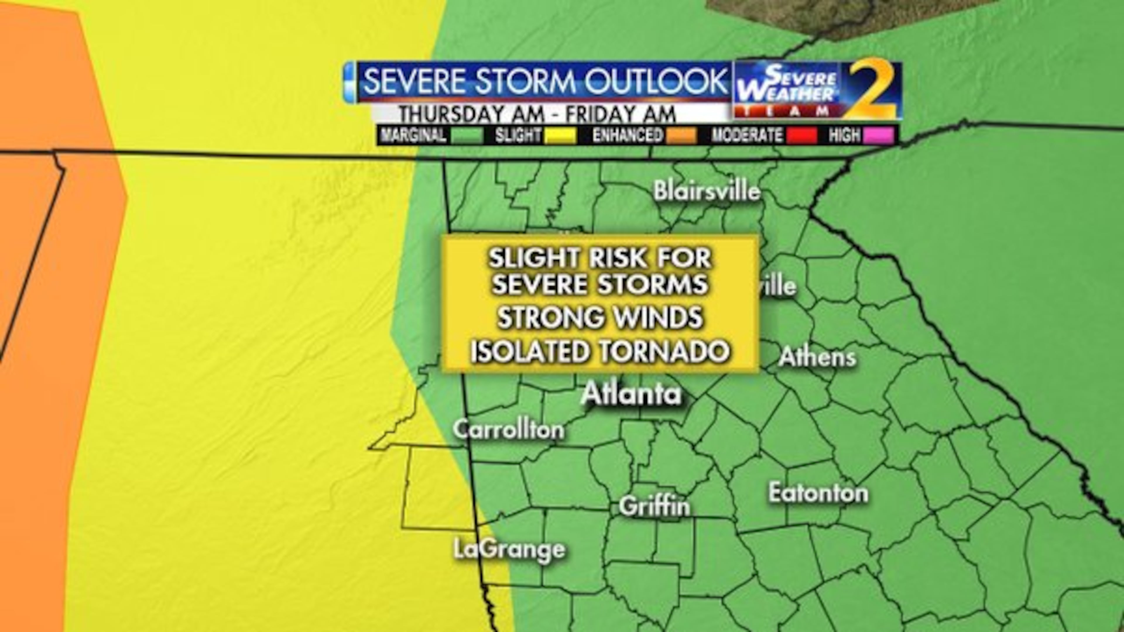 An updated severe storm risk shows the greatest risk moving in Thursday night into Friday. (Credit: Channel 2 Action News)