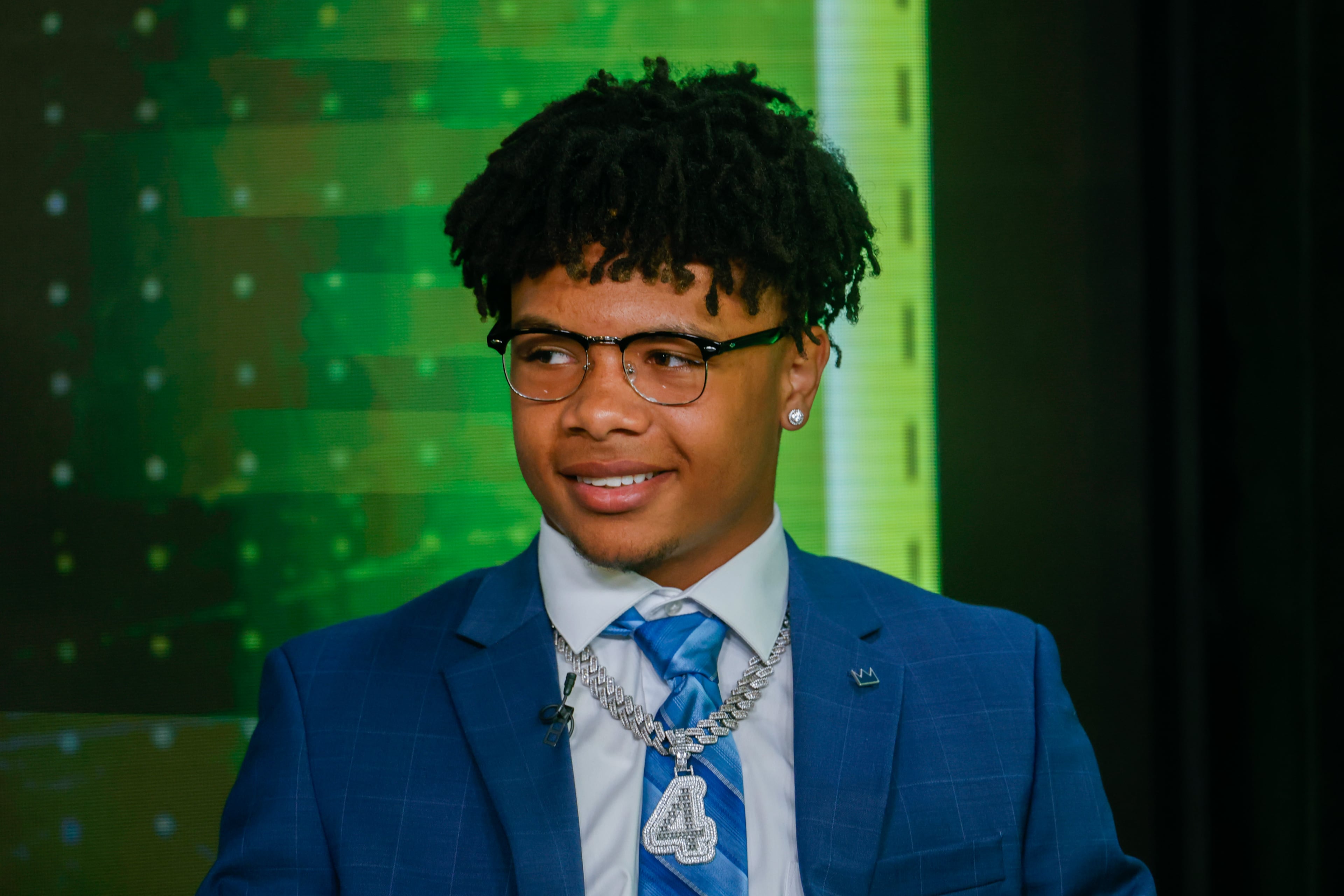 Valdosta's Marquis Fennell appears during the taping of the Super 11 reveal show at Score ATL in Roswell on Aug. 3, 2026. (Arvin Temkar/AJC)