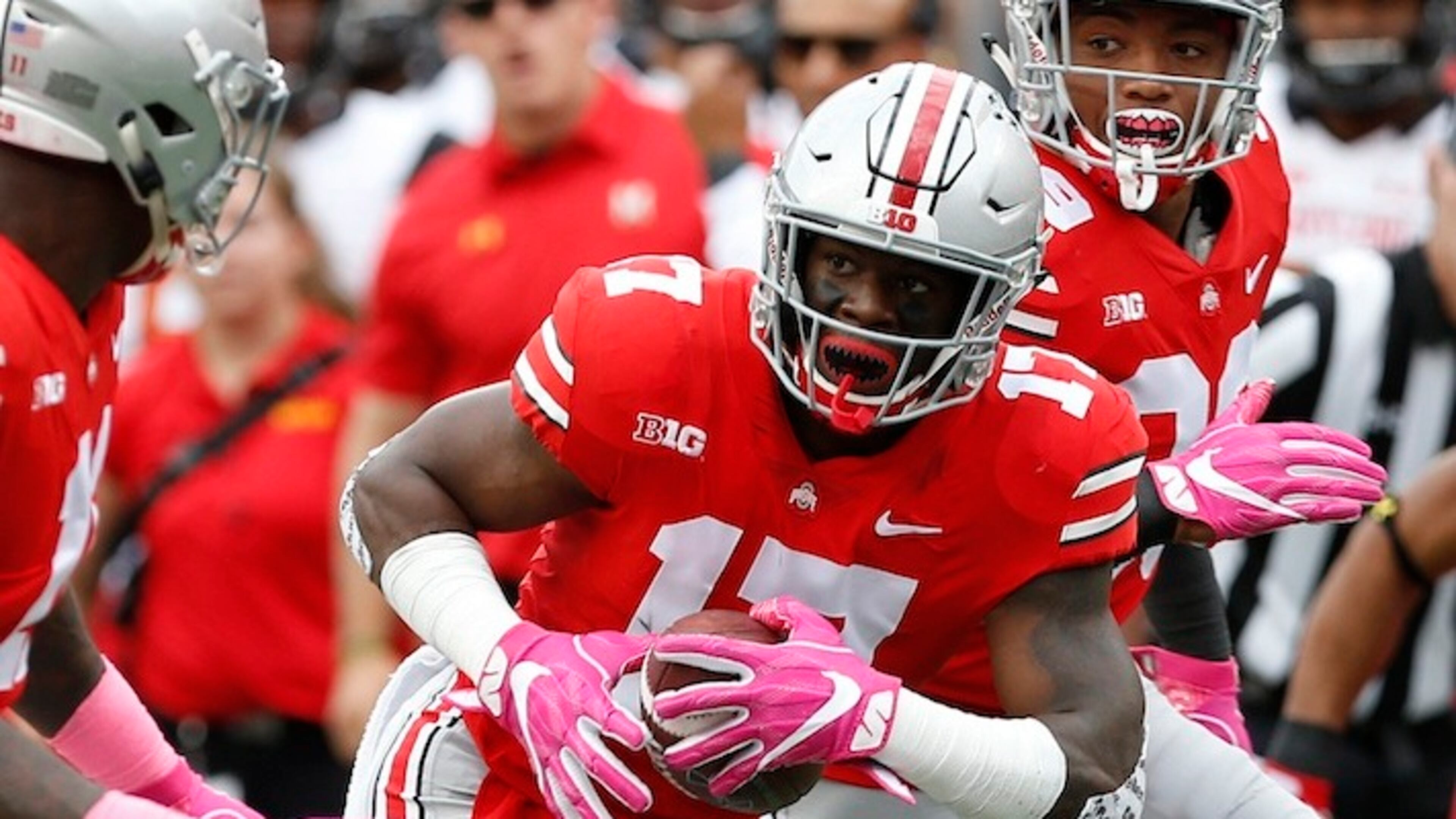 Ohio State linebacker Jerome Baker (17) recovers a fumble by Maryland quarterback Max Bortenschlager to score a 20-yard touchdown in the first half at Ohio Stadium in Columbus, Ohio, on Saturday, Oct. 7, 2017. (Brooke LaValley/Columbus Dispatch/TNS)