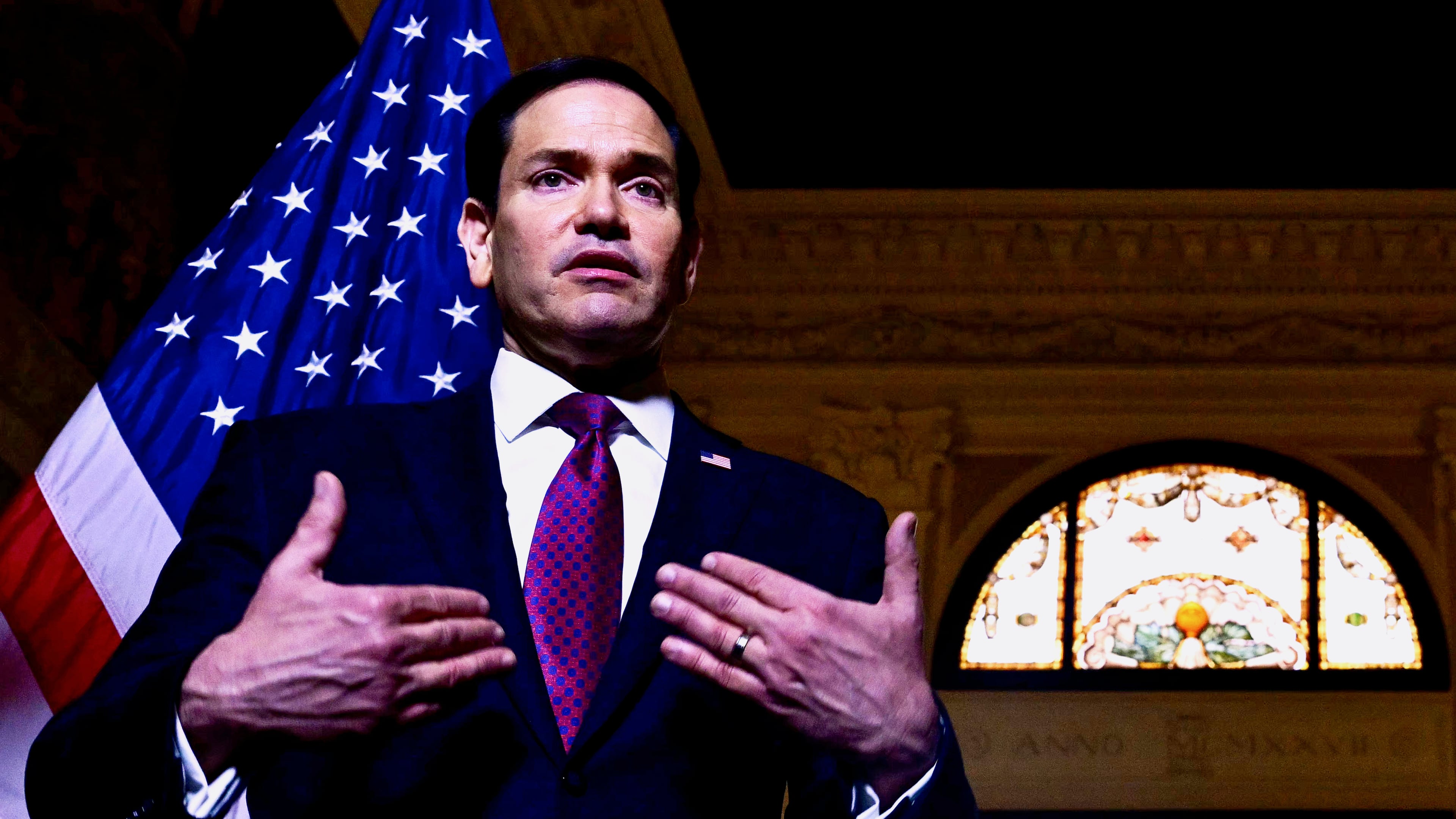US Secretary of State Marco Rubio speaks during a press conference at the US Embassy in Rome, Friday, May 8, 2026. (Stefano Rellandini/Pool Photo via AP)