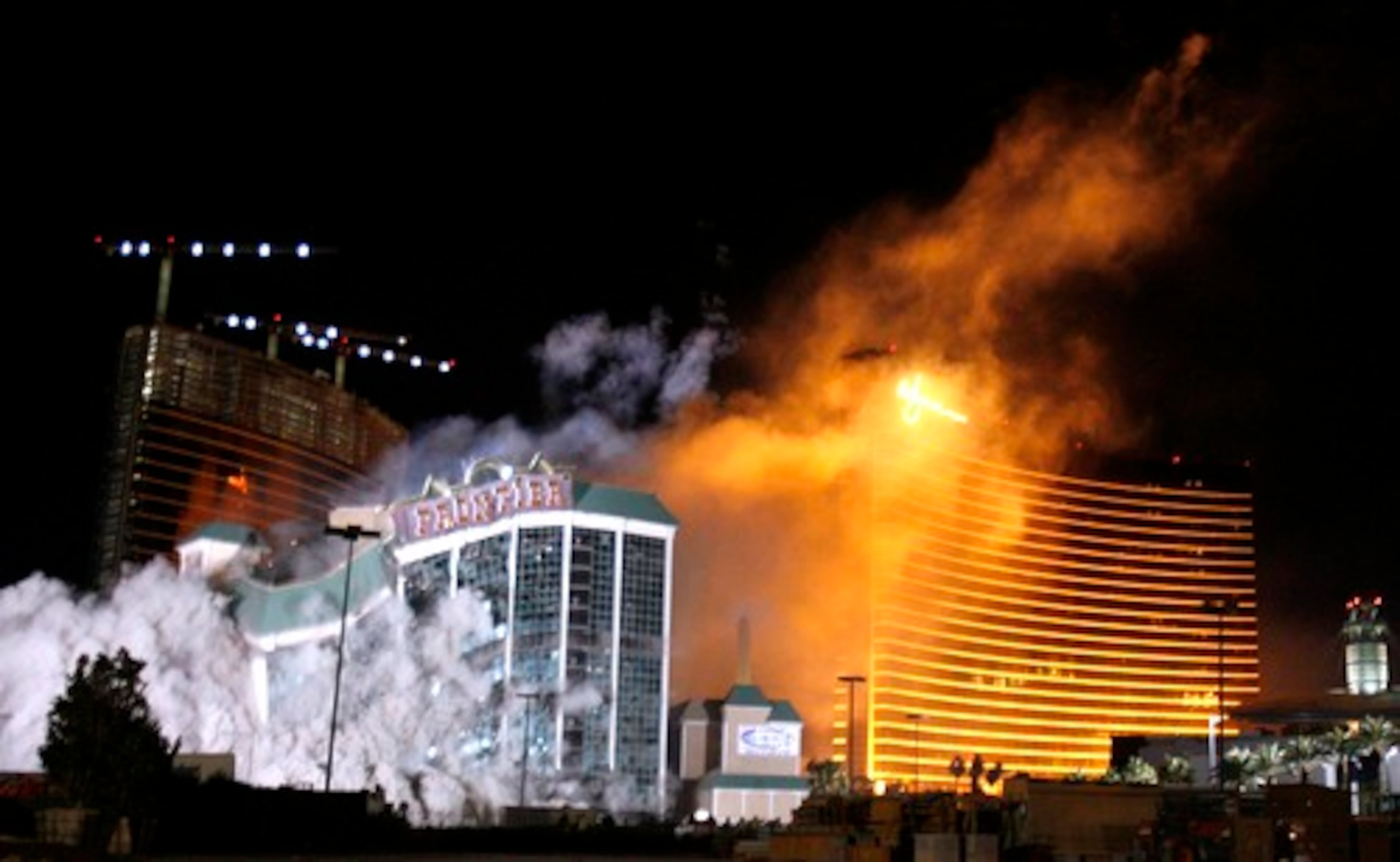 The New Frontier Hotel & Casino located on the Las Vegas Strip is imploded on Tuesday.