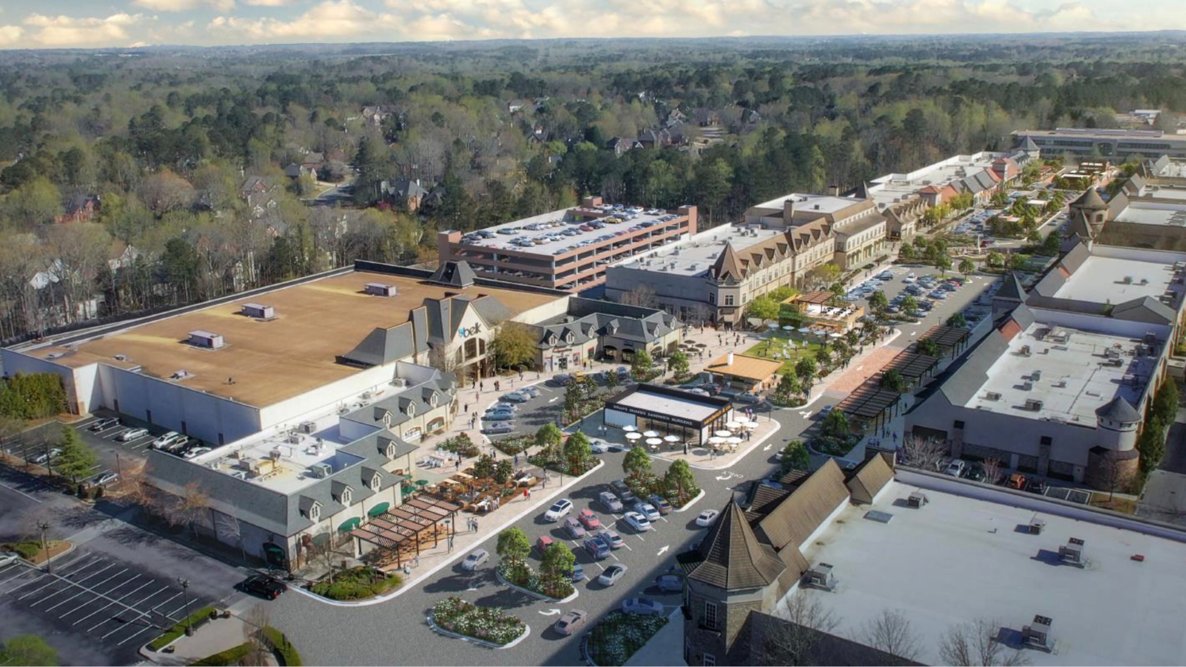 North American Properties recently unveiled plans to add greenspace, restaurants and greenspace at The Forum in Peachtree. A parking deck in the space beside Belk along the back side of the property will replace lost parking. (Courtesy North American Properties)