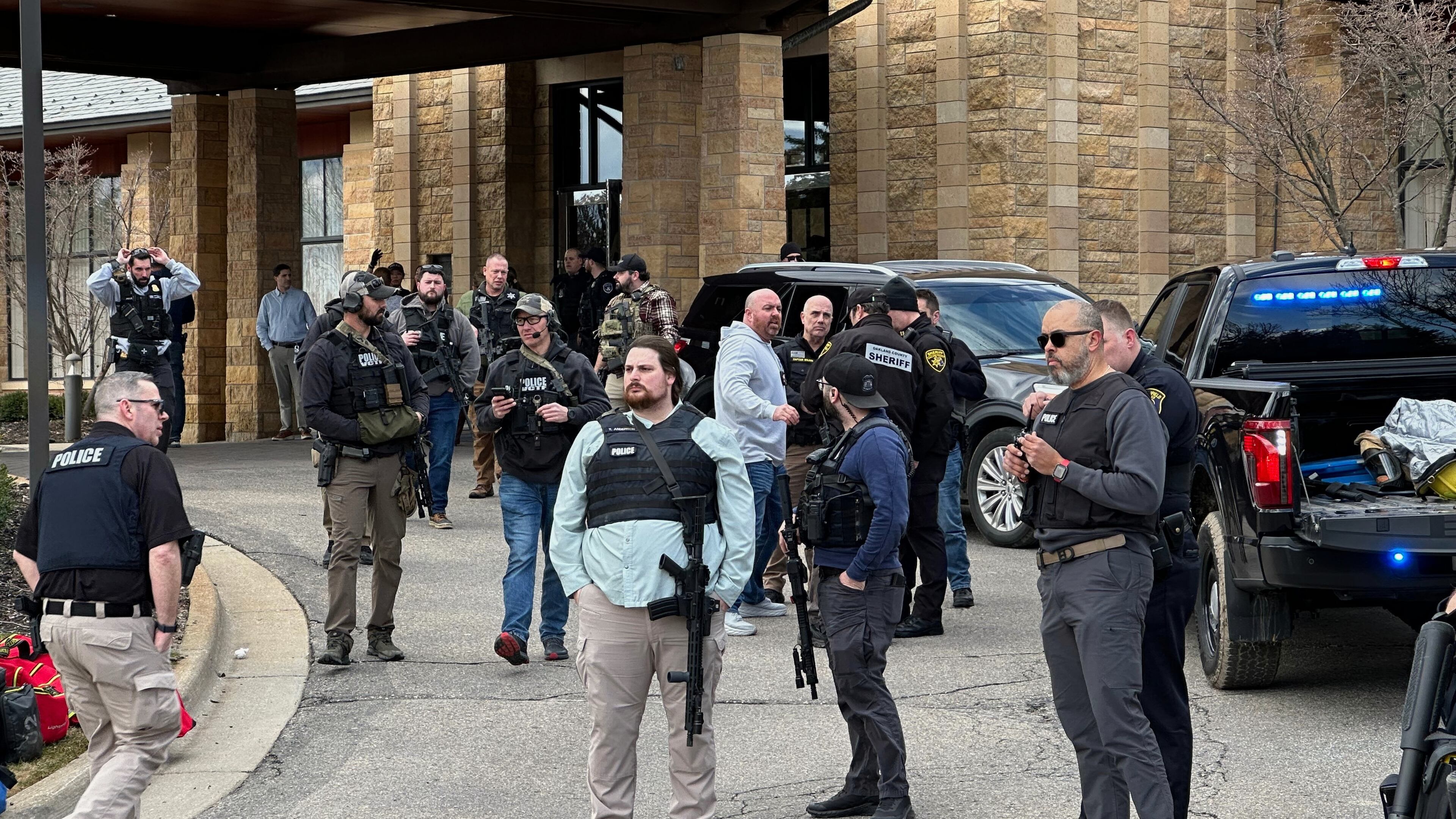 Law enforcement respond to a call at Temple Israel synagogue, Thursday, March 12, 2026 in West Bloomfield Township, Mich. (AP Photo/Corey Williams)