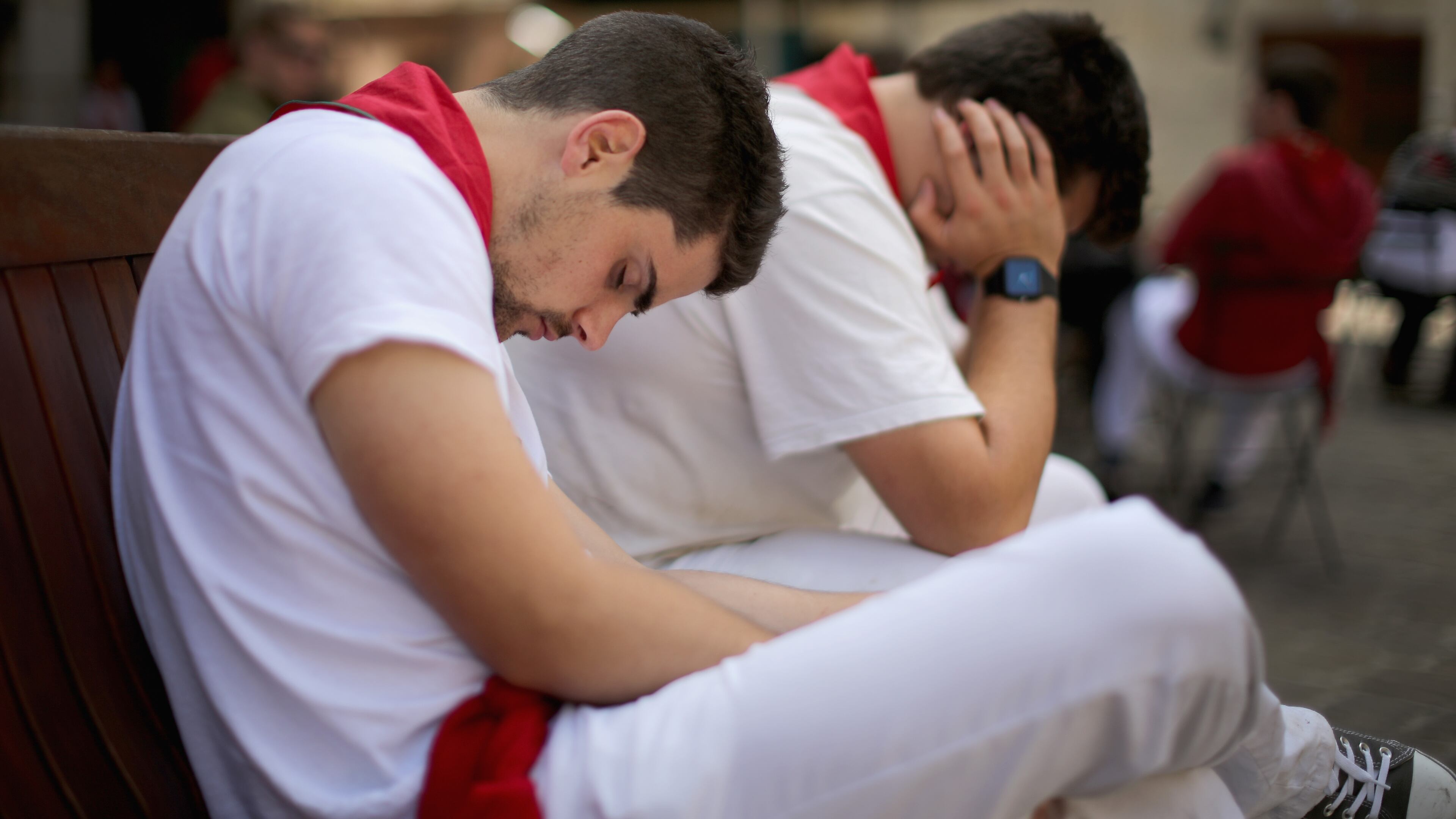 PAMPLONA, SPAIN - JULY 09: Revellers take an afternoon siesta sleeping off the effects of partying during the fourth day of the San Fermin Running Of The Bulls festival, on July 9, 2014 in Pamplona, Spain. The annual Fiesta de San Fermin, made famous by the 1926 novel of US writer Ernest Hemingway 'The Sun Also Rises', involves the running of the bulls through the historic heart of Pamplona. (Photo by Christopher Furlong/Getty Images)
